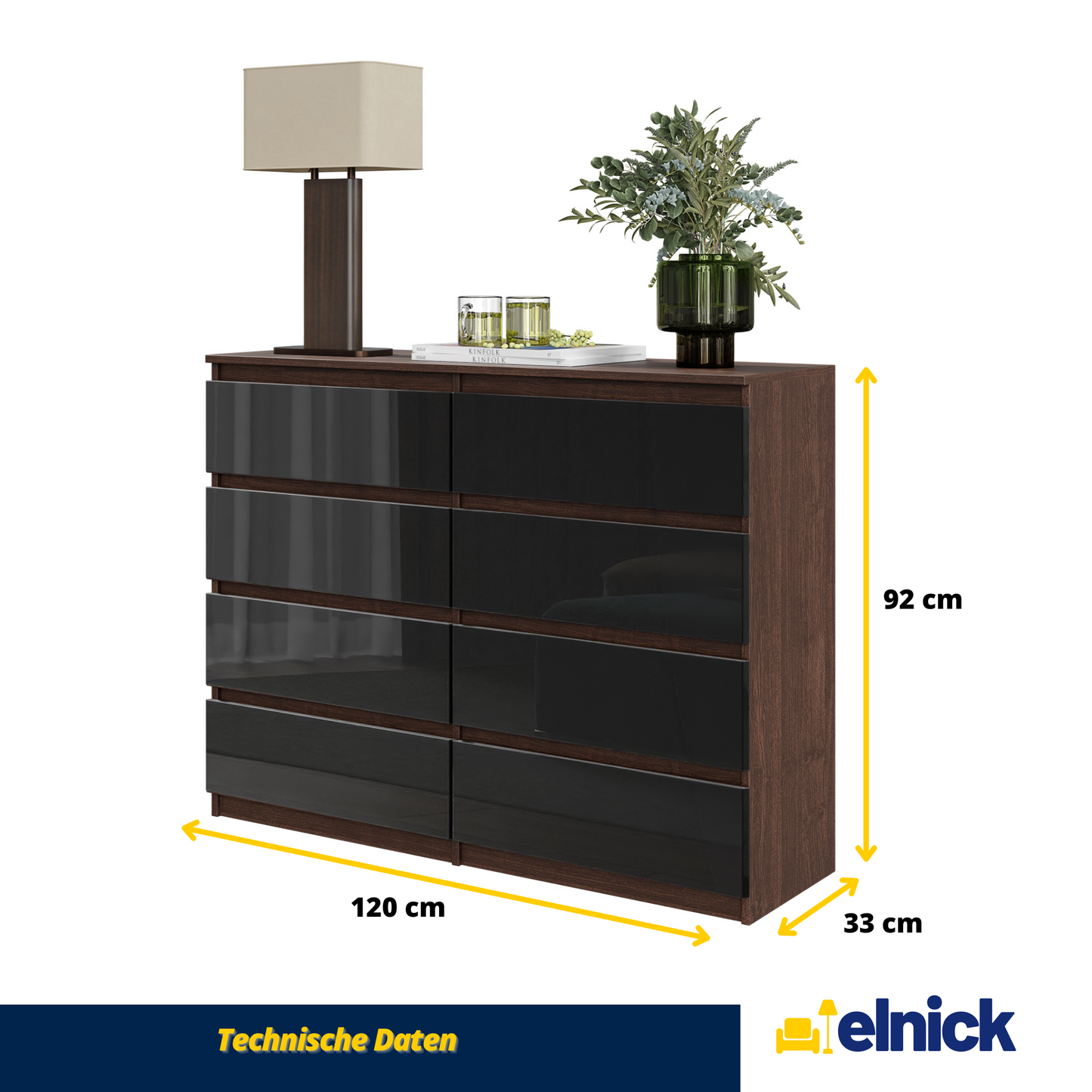GABRIEL - Kommode / Sideboard mit 8 Schubladen - Wenge / Schwarz Glanz H92cm B120cm T33cm