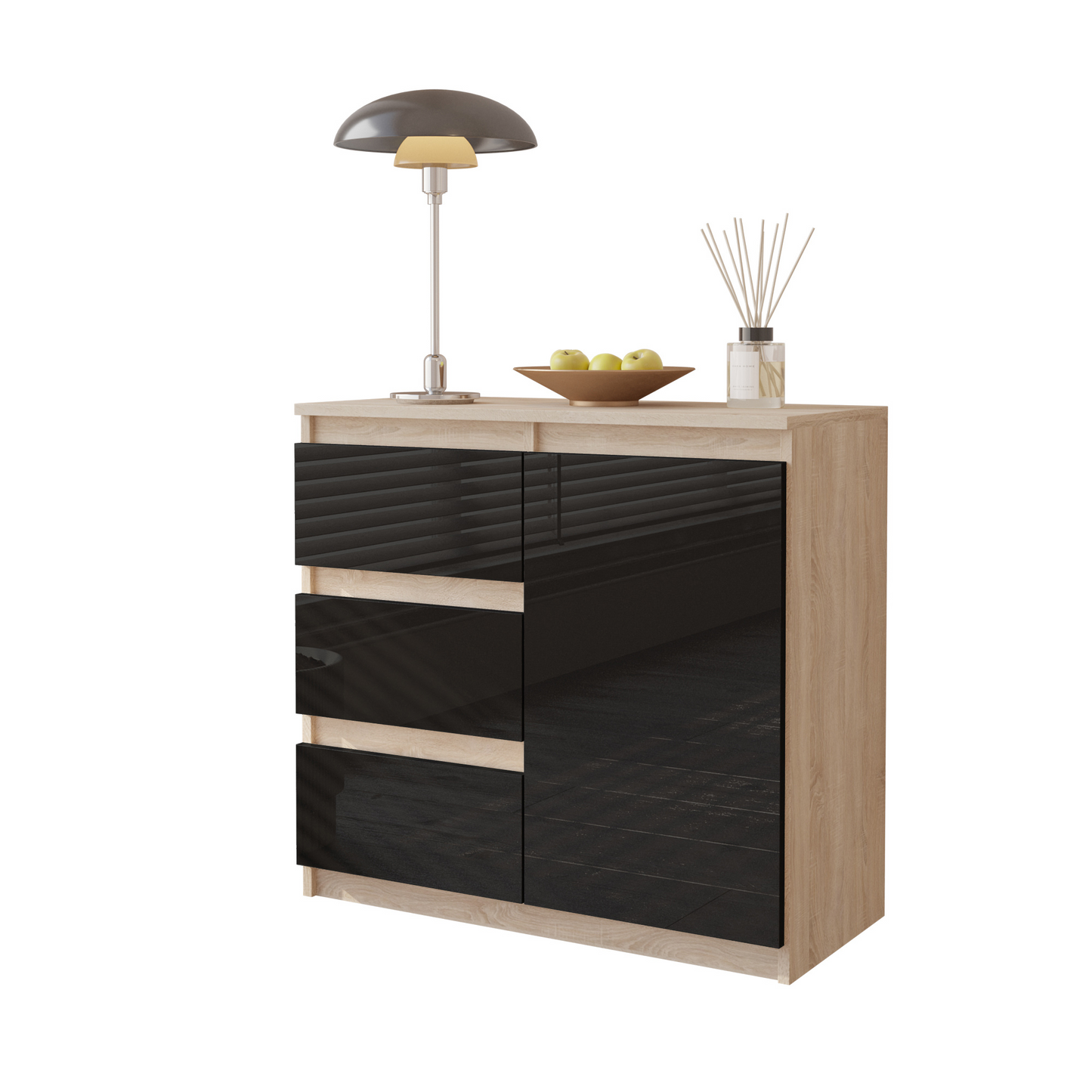 MIKEL - Kommode / Sideboard mit 3 Schubladen und 1 Tür - Sonoma Eiche / Schwarz Gloss
