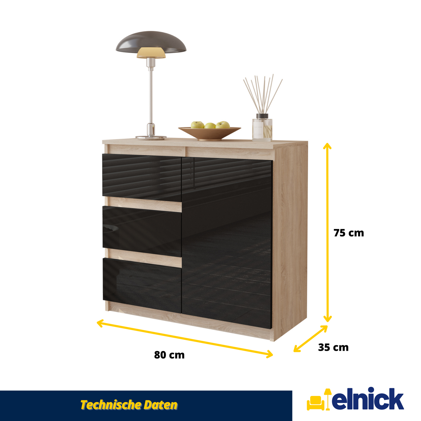MIKEL - Kommode / Sideboard mit 3 Schubladen und 1 Tür - Sonoma Eiche / Schwarz Gloss