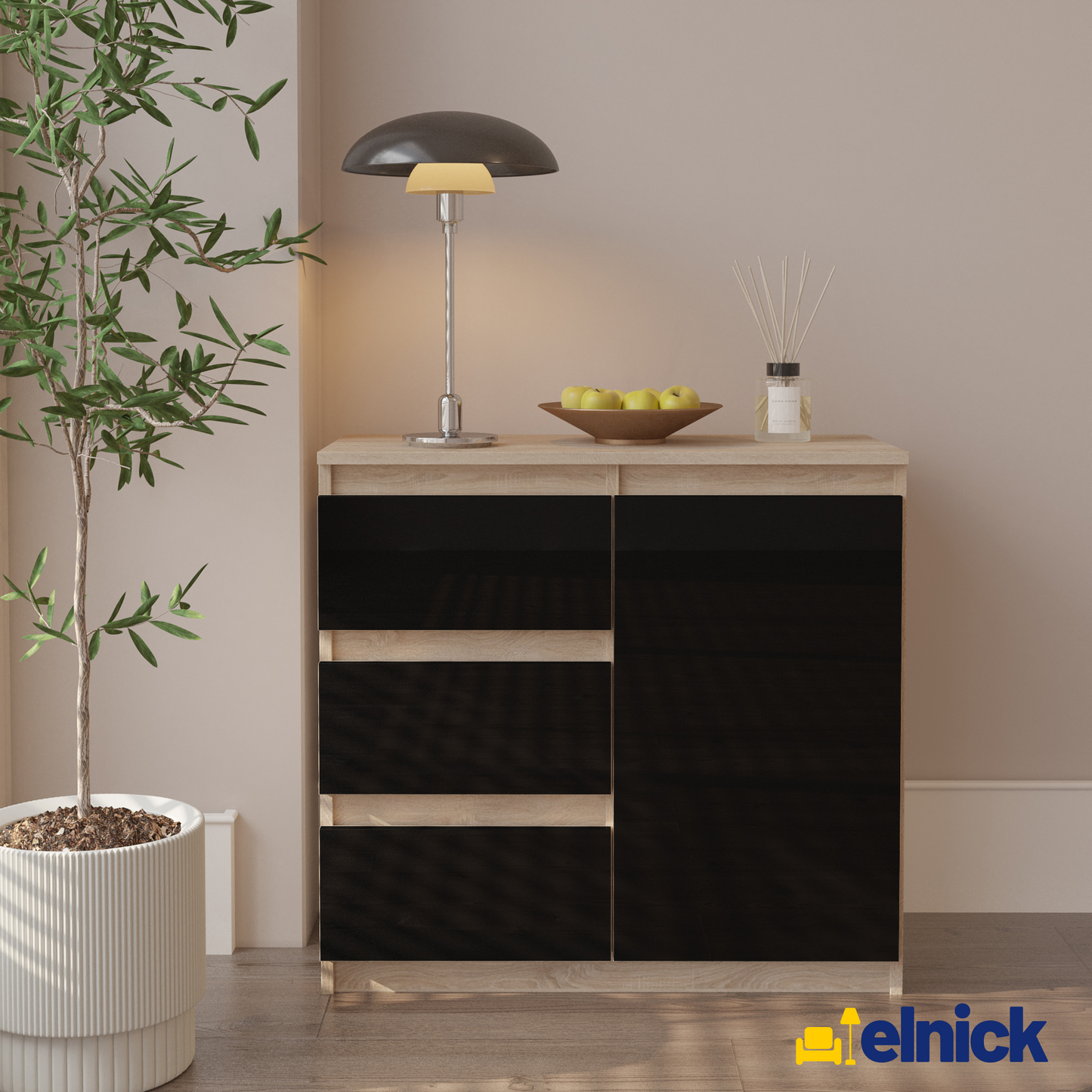 MIKEL - Kommode / Sideboard mit 3 Schubladen und 1 Tür - Sonoma Eiche / Schwarz Gloss