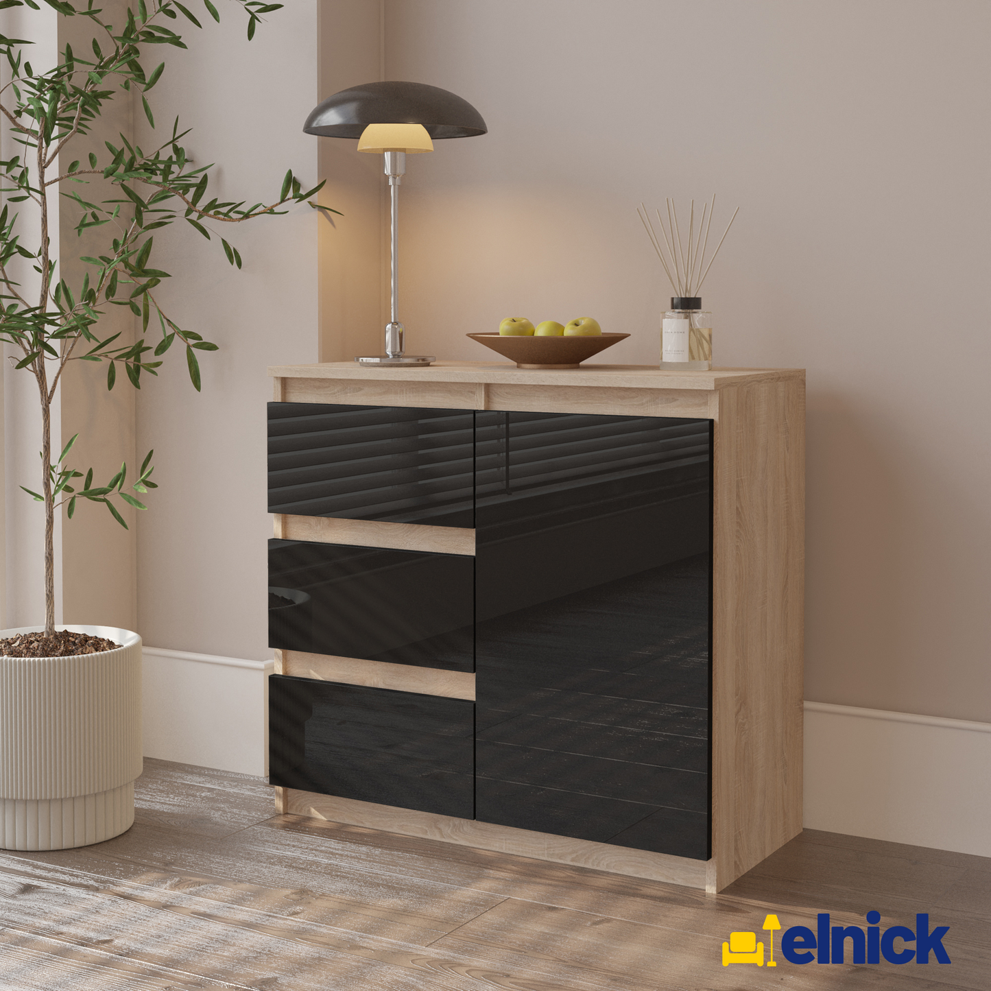 MIKEL - Kommode / Sideboard mit 3 Schubladen und 1 Tür - Sonoma Eiche / Schwarz Gloss