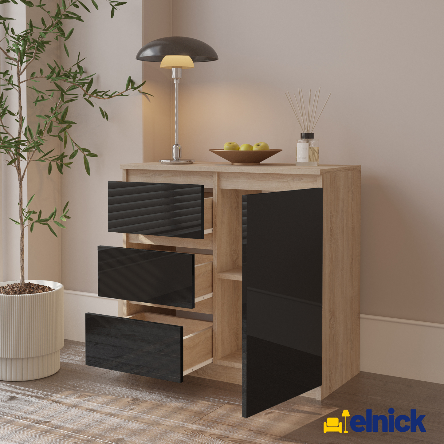 MIKEL - Kommode / Sideboard mit 3 Schubladen und 1 Tür - Sonoma Eiche / Schwarz Gloss