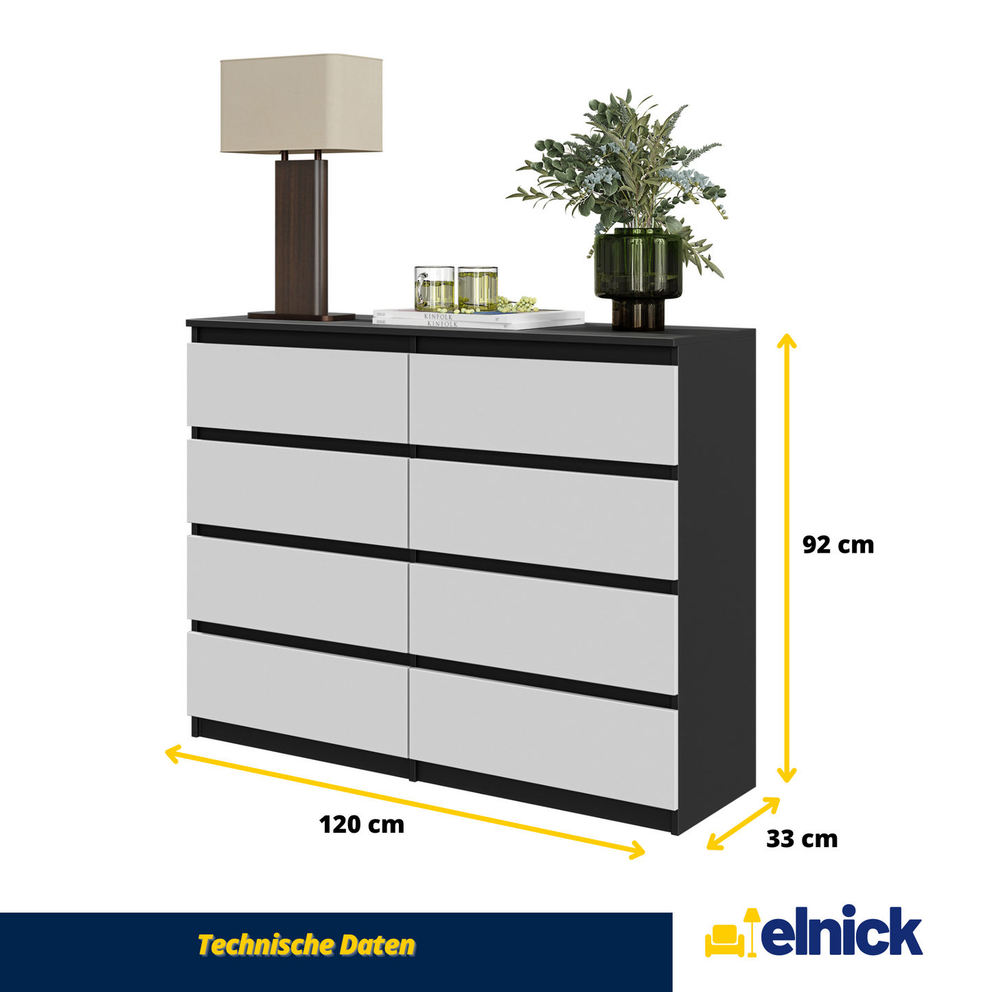 GABRIEL - Kommode / Sideboard mit 8 Schubladen - Schwarz Matt / Weiß Matt H92cm B120cm T33cm