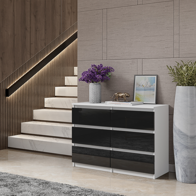 GABRIEL - Kommode / Sideboard mit 6 Schubladen - Weiß Matt / Schwarz Gloss