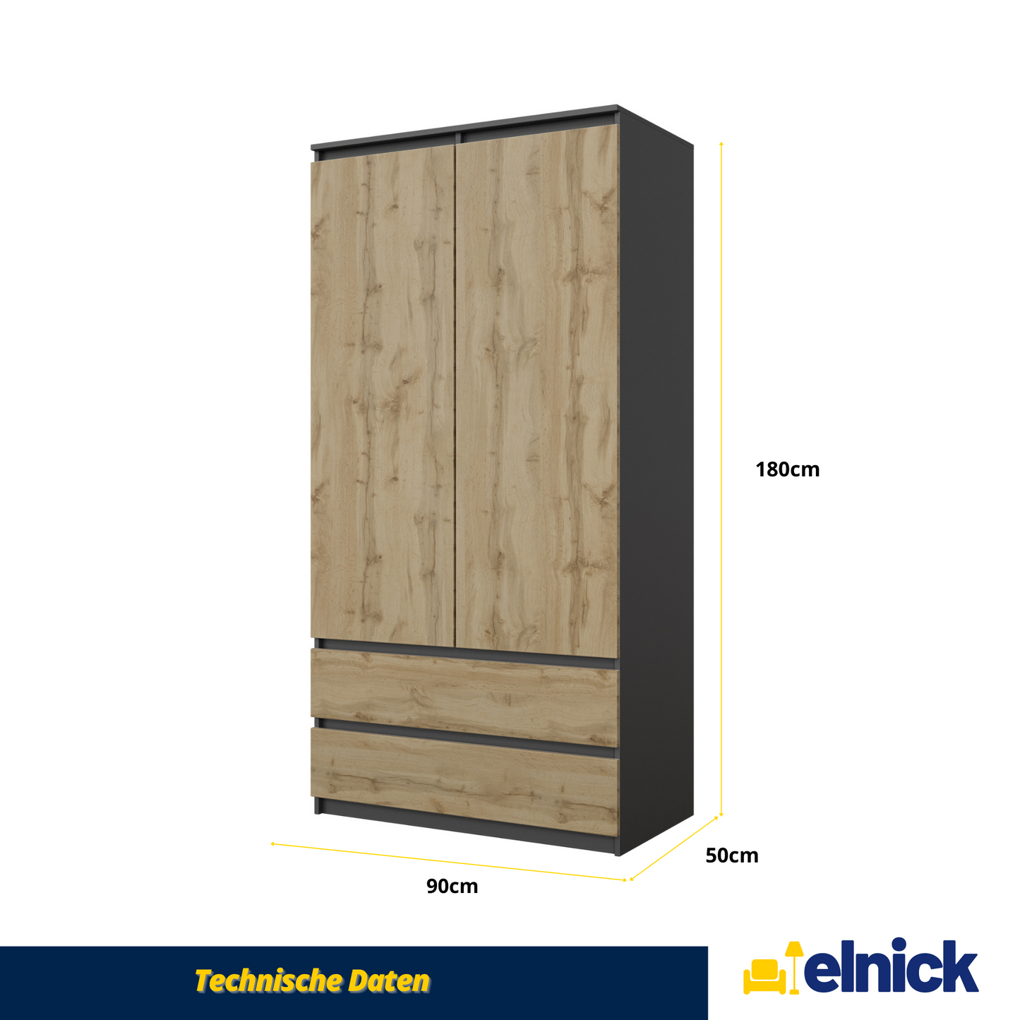 JOELLE - Kleiderschrank mit 2 Türen und 2 Schubladen - Anthrazit Grau / Wotan Eiche