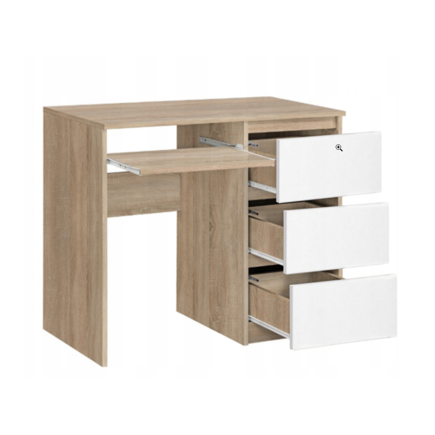 BRUNO - Schreibtisch mit 3 Schubladen und Tastaturablage Rechts - Sonoma Eiche / Weiß Matt 90cm
