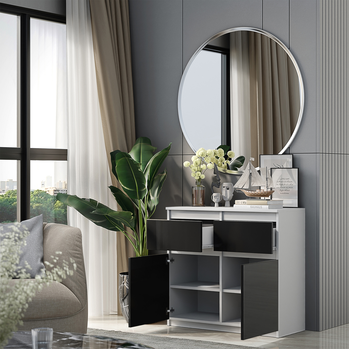 NOAH - Kommode / Sideboard mit 2 Schubladen und 2 Türen - Weiß Matt / Schwarz Gloss
