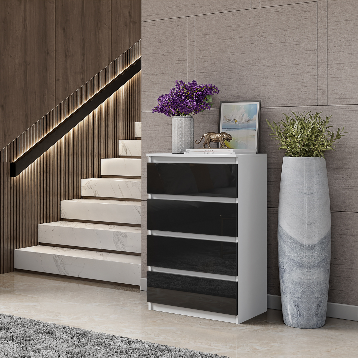 GABRIEL - Kommode / Sideboard mit 4 Schubladen - Weiß Matt / Schwarz Gloss