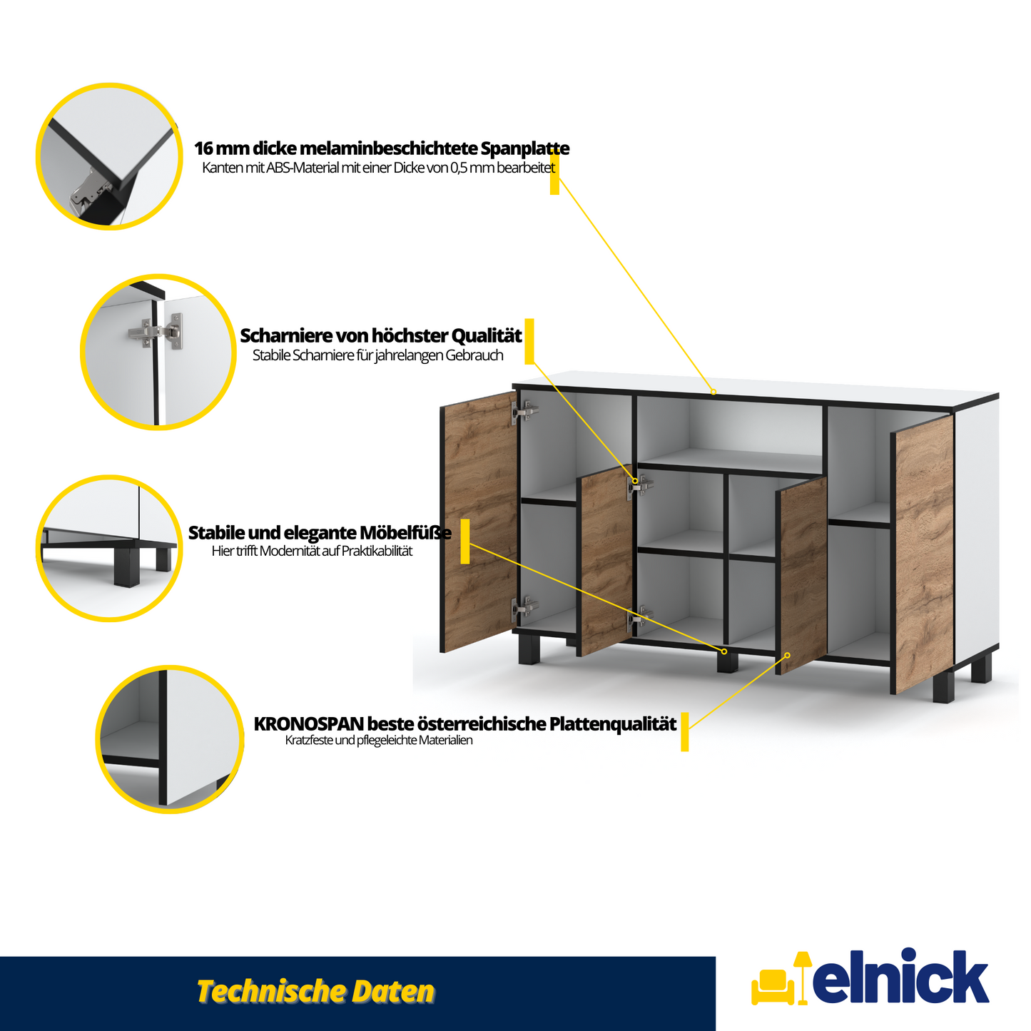 CALVIN – TV-Schrank mit 4 Türen – Wohnzimmer Sideboard - Weiß Matt / Wotan Eiche