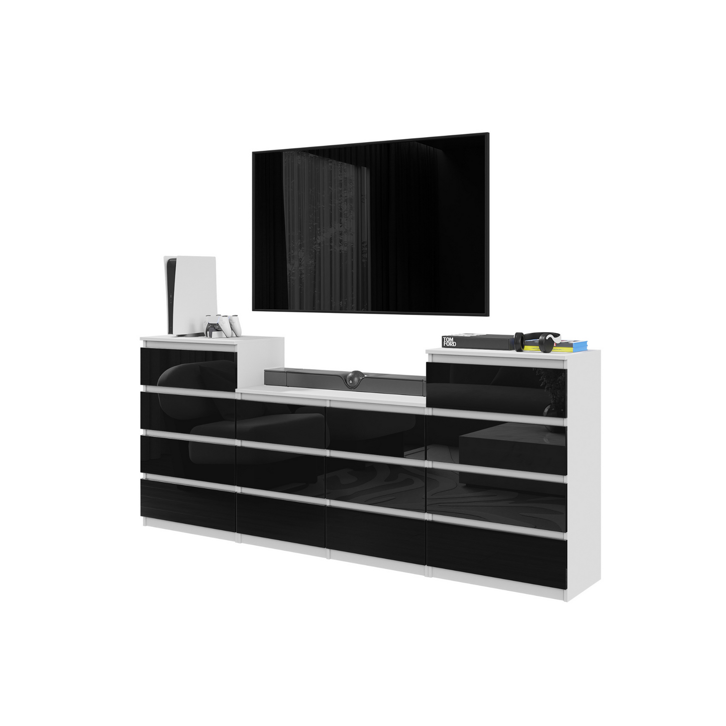 GABRIEL - Kommode / Sideboard mit 14 Schubladen (4+6+4) - Weiß Matt / Schwarz Gloss