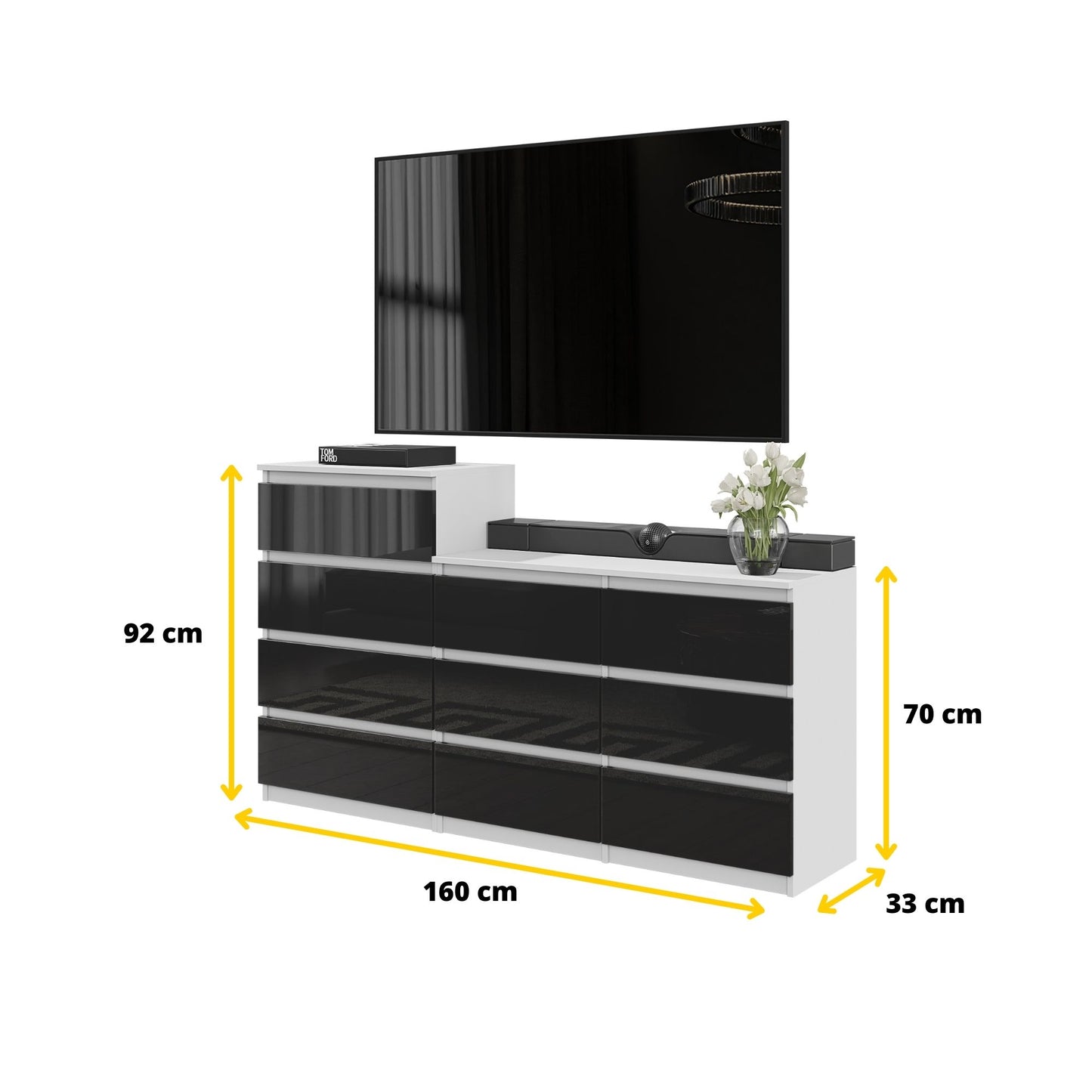 GABRIEL - Kommode / Sideboard mit 10 Schubladen (6+4) - Weiß Matt / Schwarz Gloss