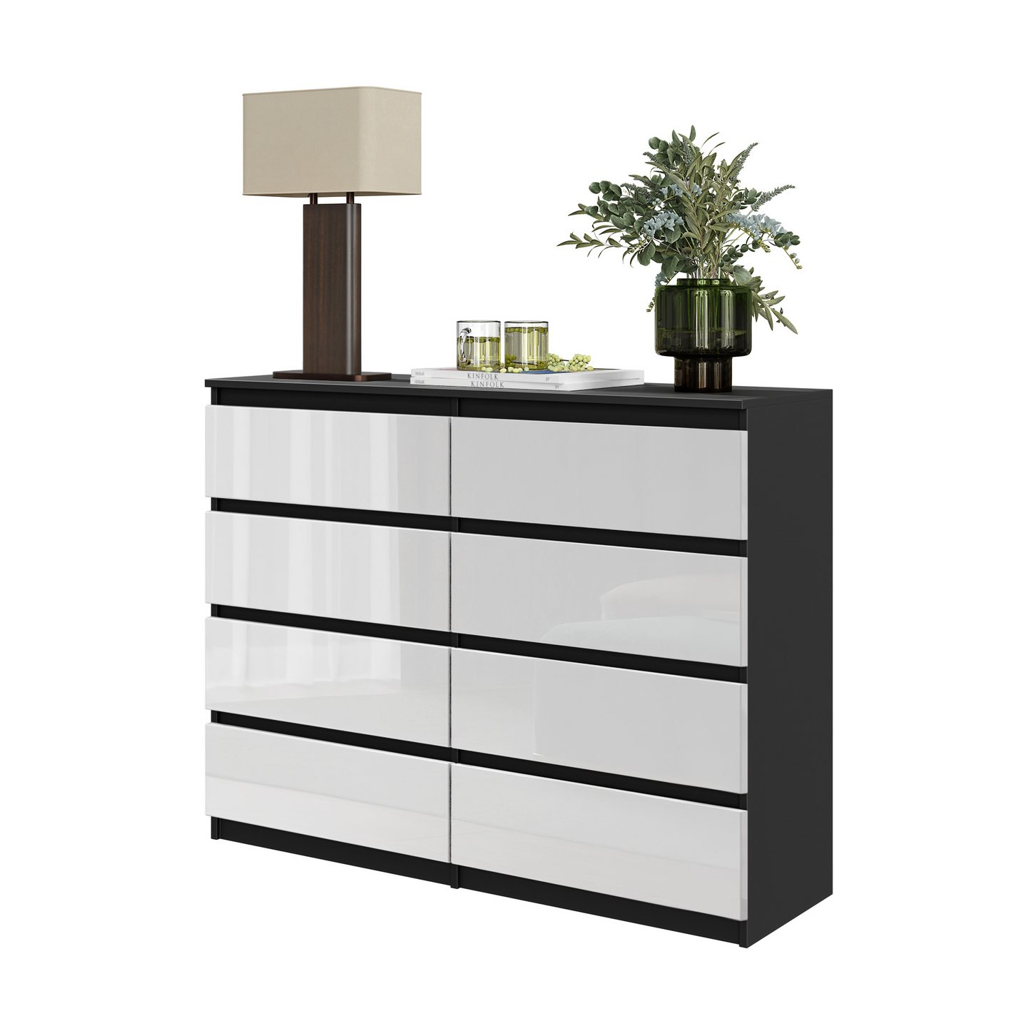 GABRIEL - Kommode / Sideboard mit 8 Schubladen - Schwarz Matt / Weiß Glanz H92cm B120cm T33cm
