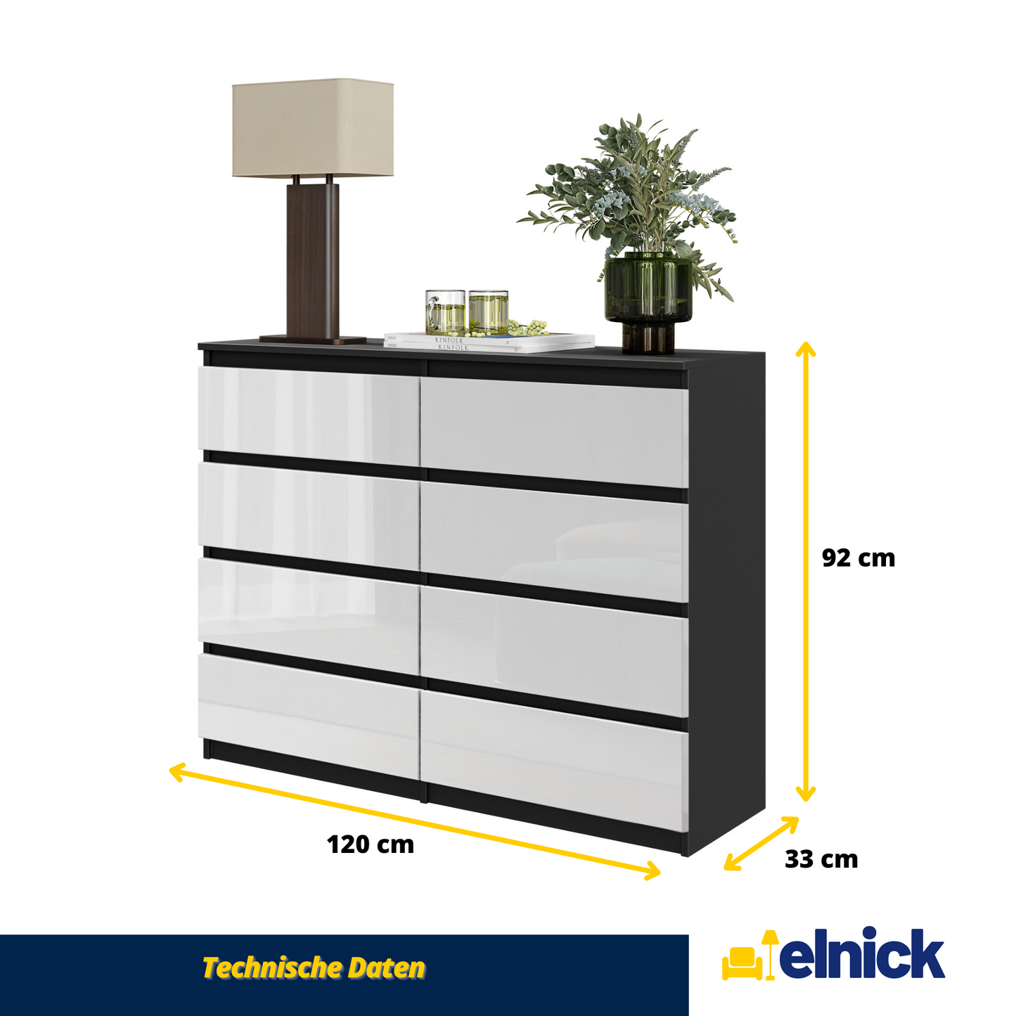 GABRIEL - Kommode / Sideboard mit 8 Schubladen - Schwarz Matt / Weiß Glanz H92cm B120cm T33cm