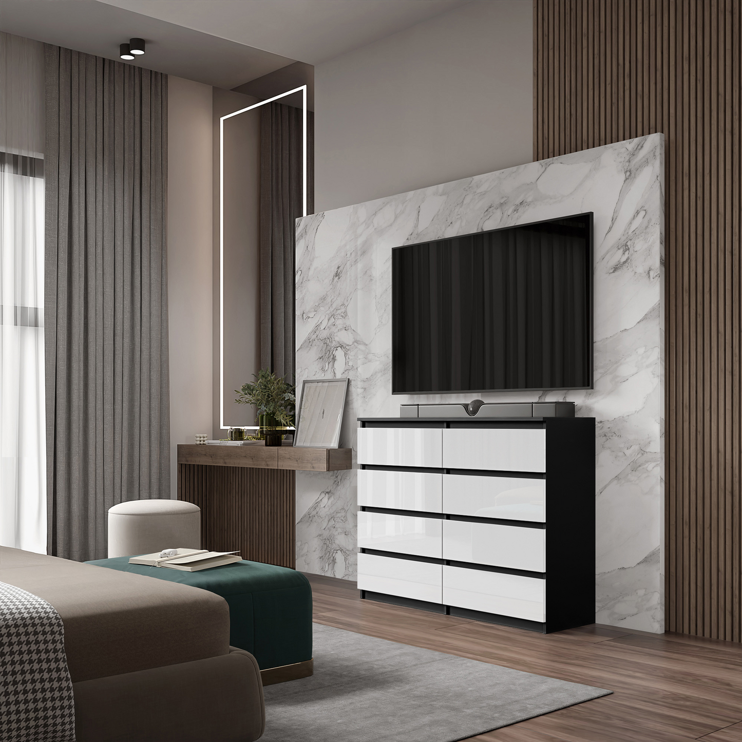 GABRIEL - Kommode / Sideboard mit 8 Schubladen - Schwarz Matt / Weiß Glanz H92cm B120cm T33cm