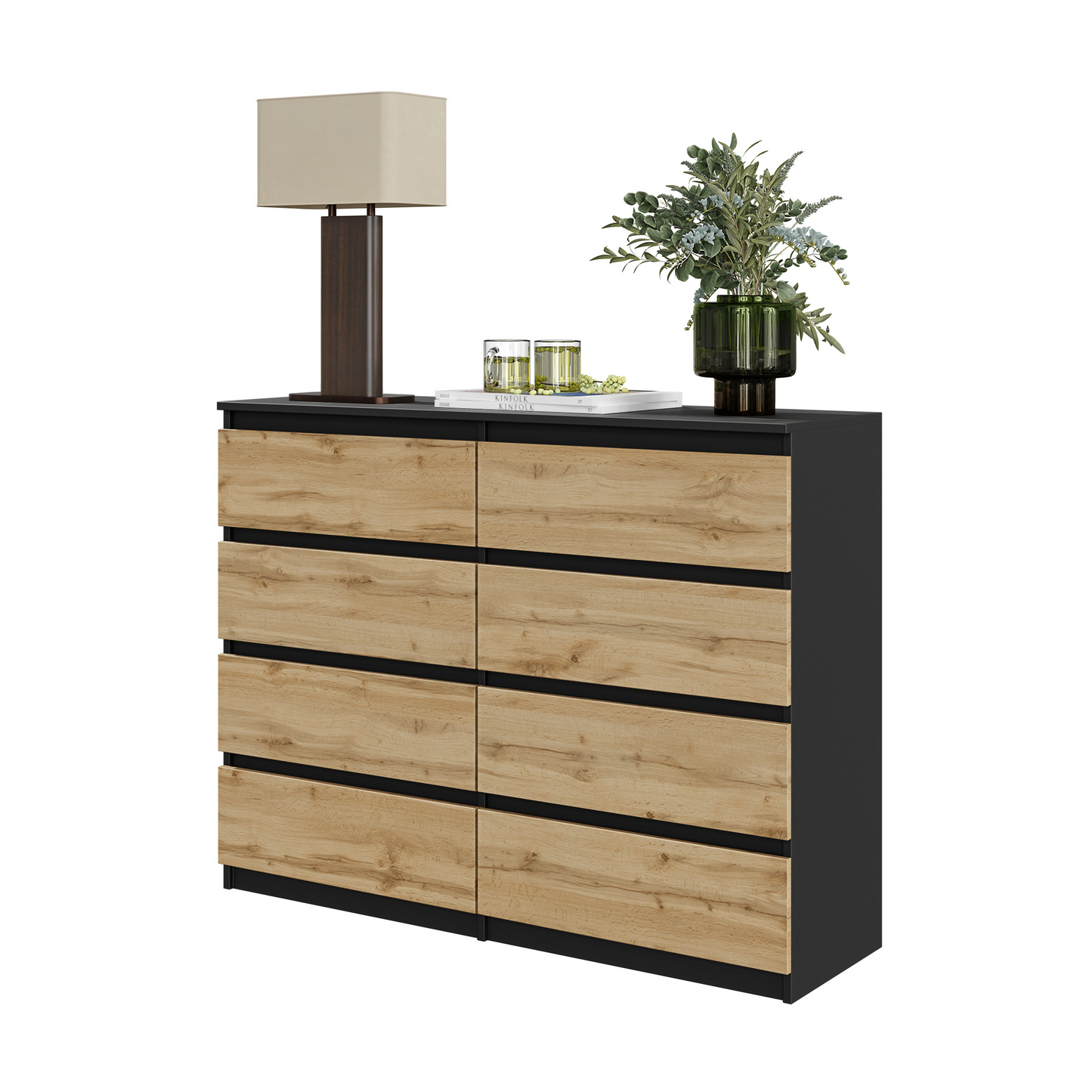 GABRIEL - Kommode / Sideboard mit 8 Schubladen - Schwarz Matt / Wotan Eiche H92cm B120cm T33cm