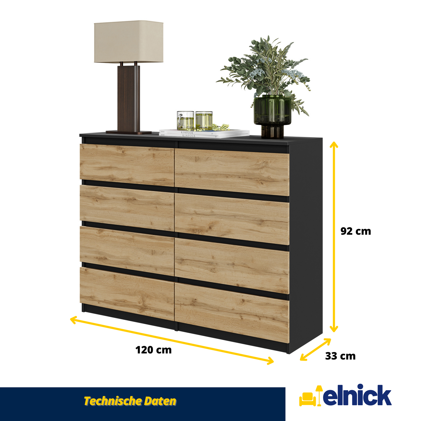 GABRIEL - Kommode / Sideboard mit 8 Schubladen - Schwarz Matt / Wotan Eiche H92cm B120cm T33cm