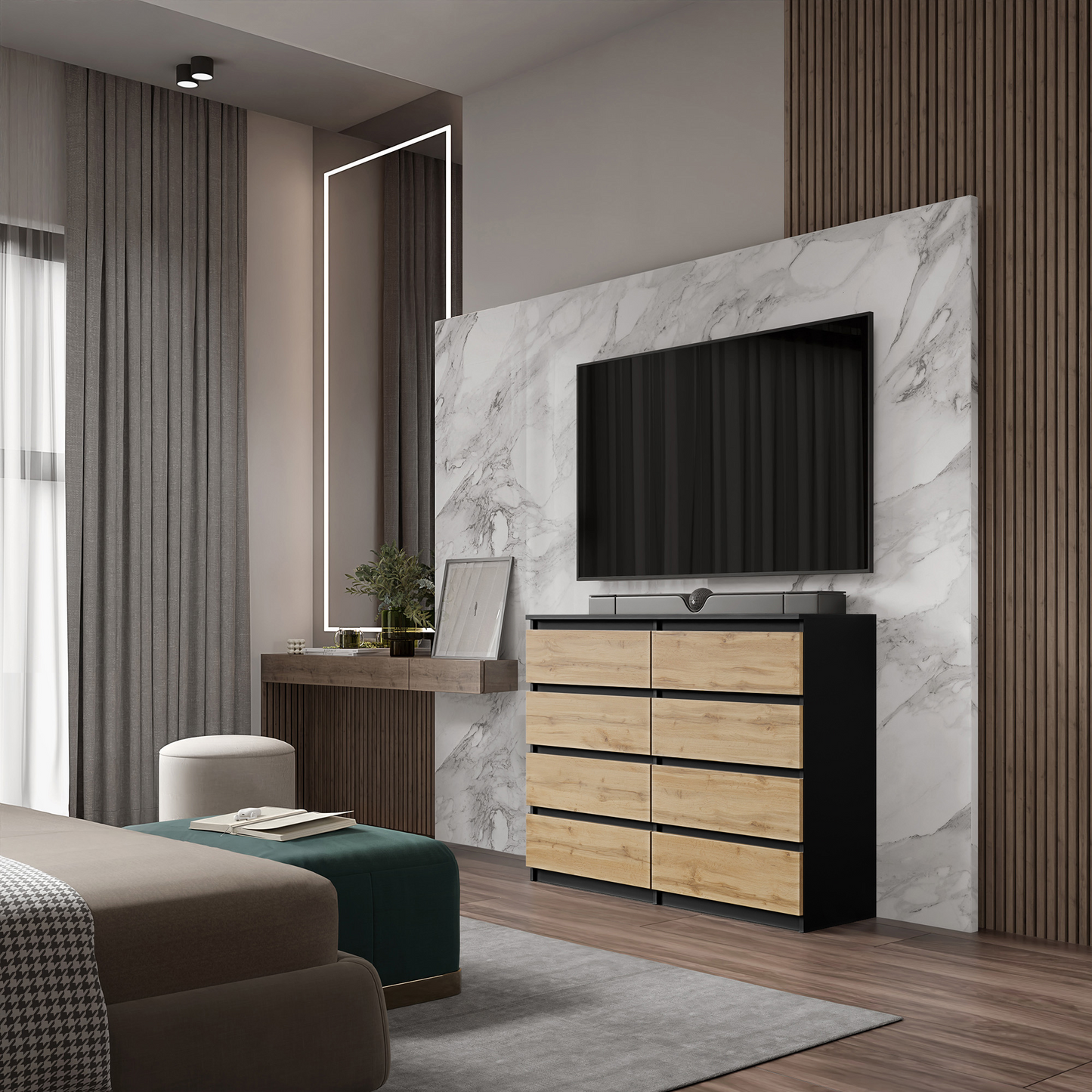 GABRIEL - Kommode / Sideboard mit 8 Schubladen - Schwarz Matt / Wotan Eiche H92cm B120cm T33cm
