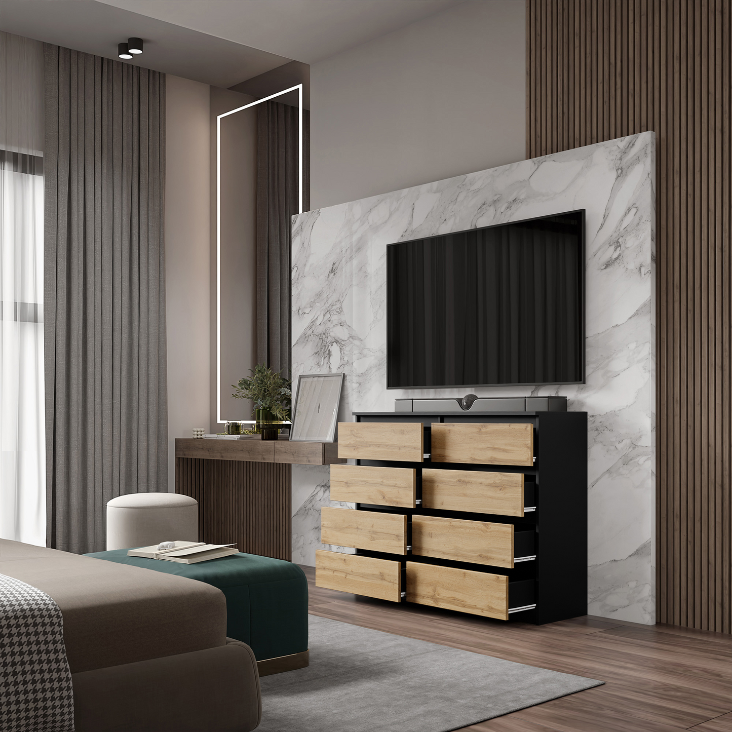 GABRIEL - Kommode / Sideboard mit 8 Schubladen - Schwarz Matt / Wotan Eiche H92cm B120cm T33cm