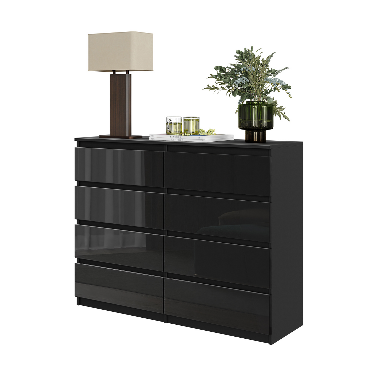 GABRIEL - Kommode / Sideboard mit 8 Schubladen - Schwarz Matt / Schwarz Glanz H92cm B120cm T33cm