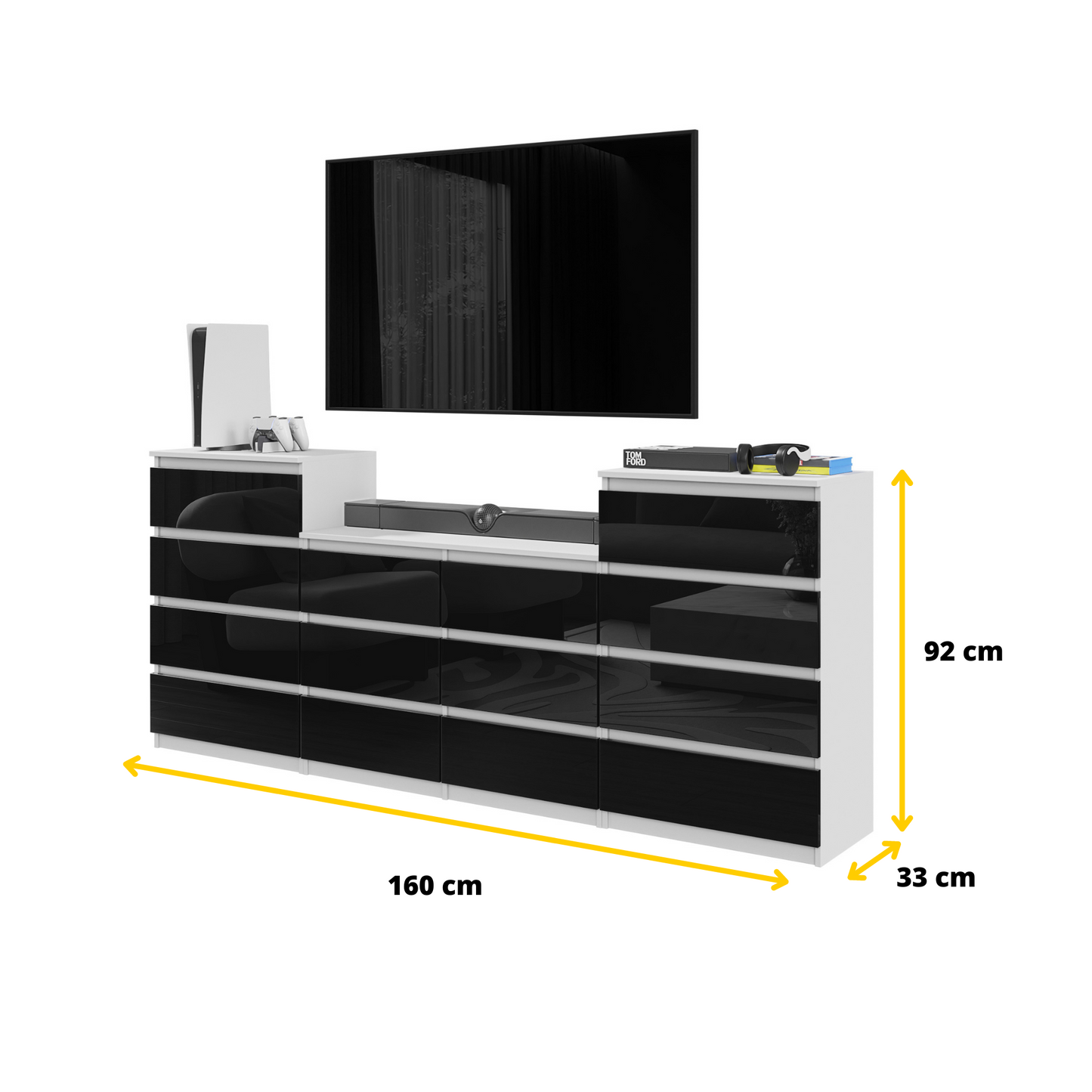 GABRIEL - Kommode / Sideboard mit 14 Schubladen (4+6+4) - Weiß Matt / Schwarz Gloss