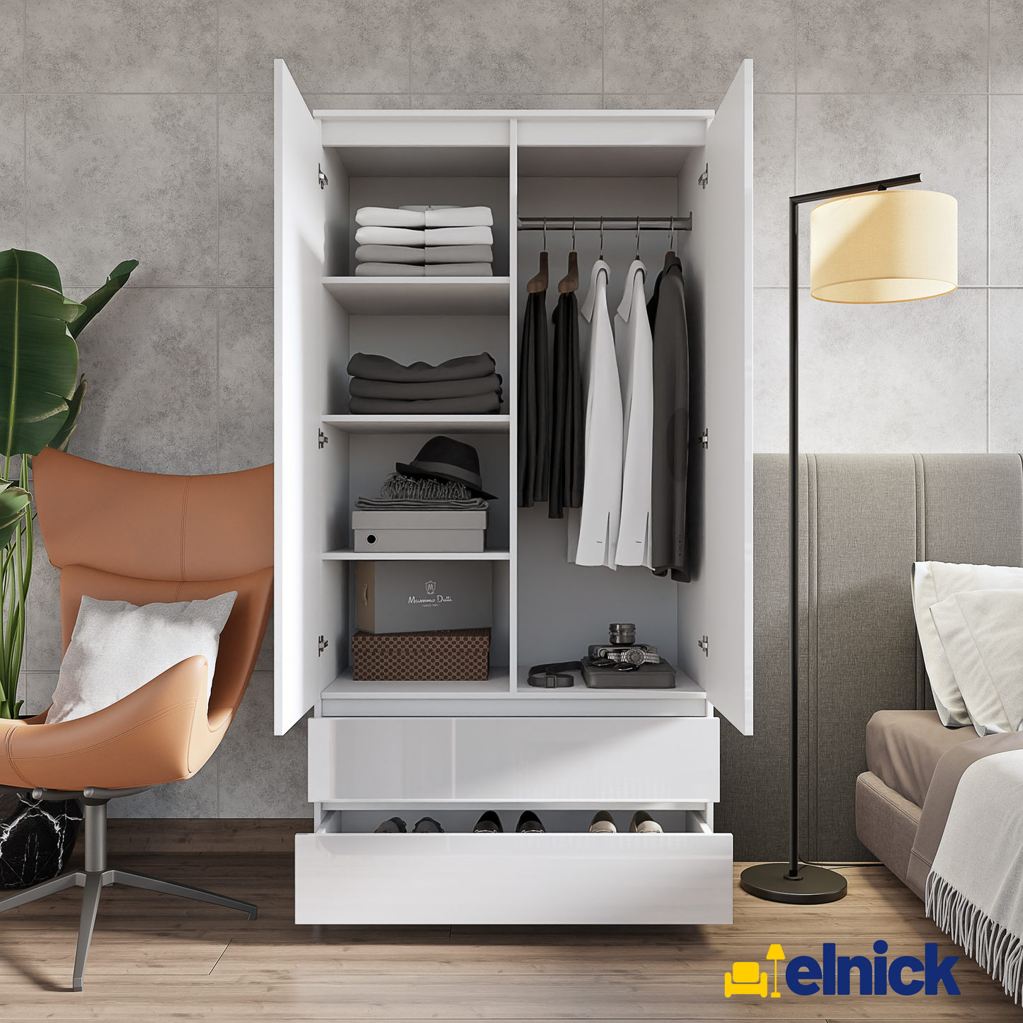 JOELLE - Kleiderschrank mit 2 Türen und 2 Schubladen - Weiß Matt / Weiß Gloss
