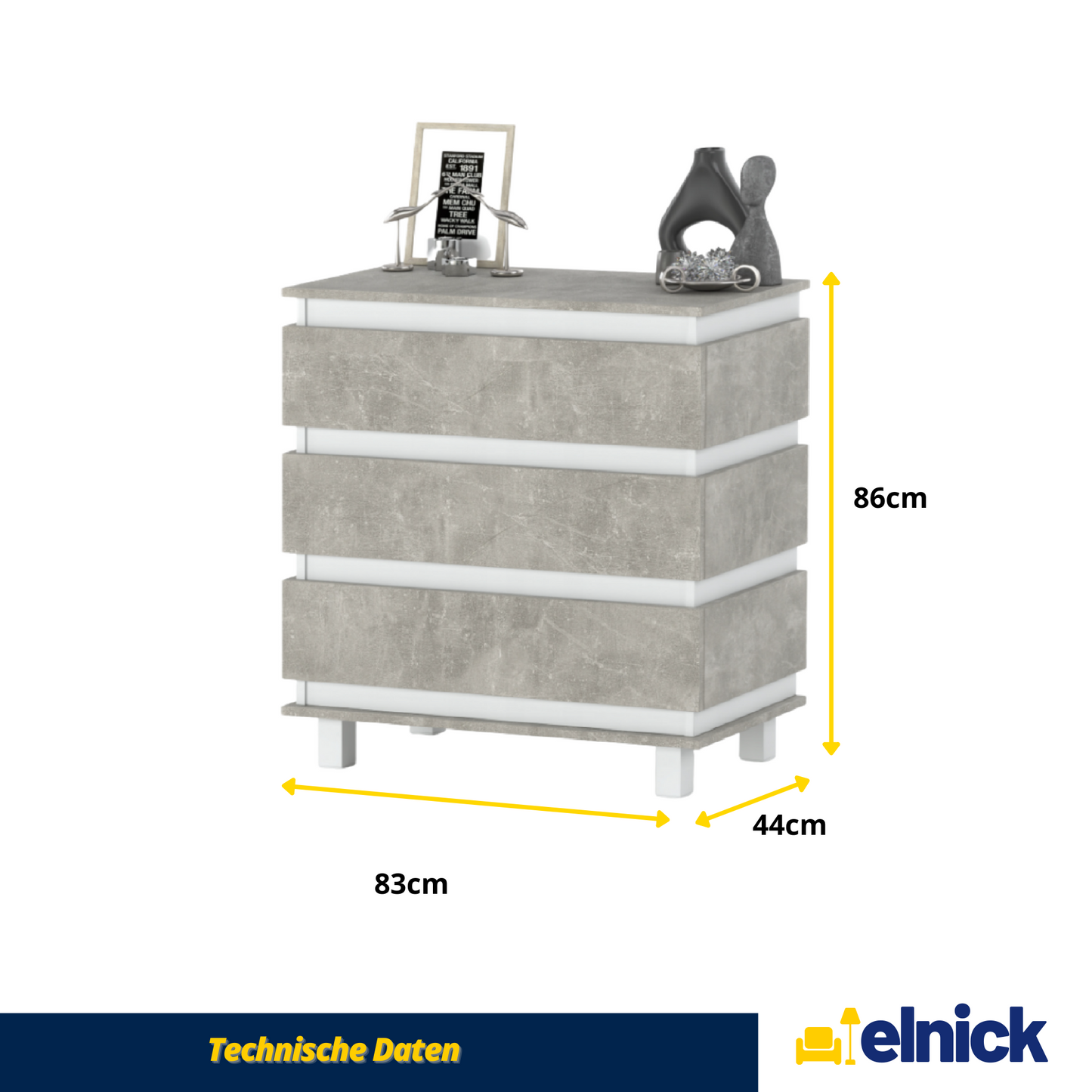 MARGARET - Kommode / Sideboard mit 3 Schubladen - Weiß Matt / Beton-Optik