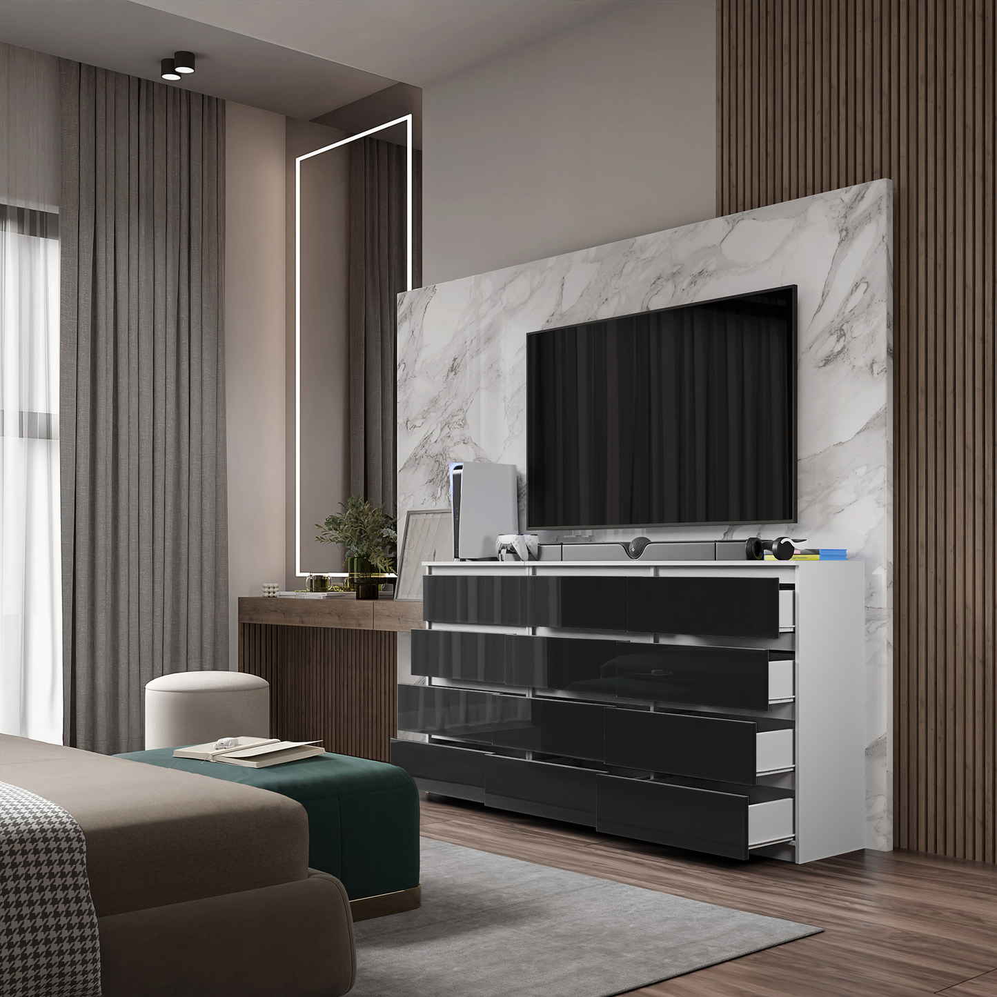 GABRIEL - Kommode / Sideboard mit 12 Schubladen (8+4) - Weiß Matt / Schwarz Gloss