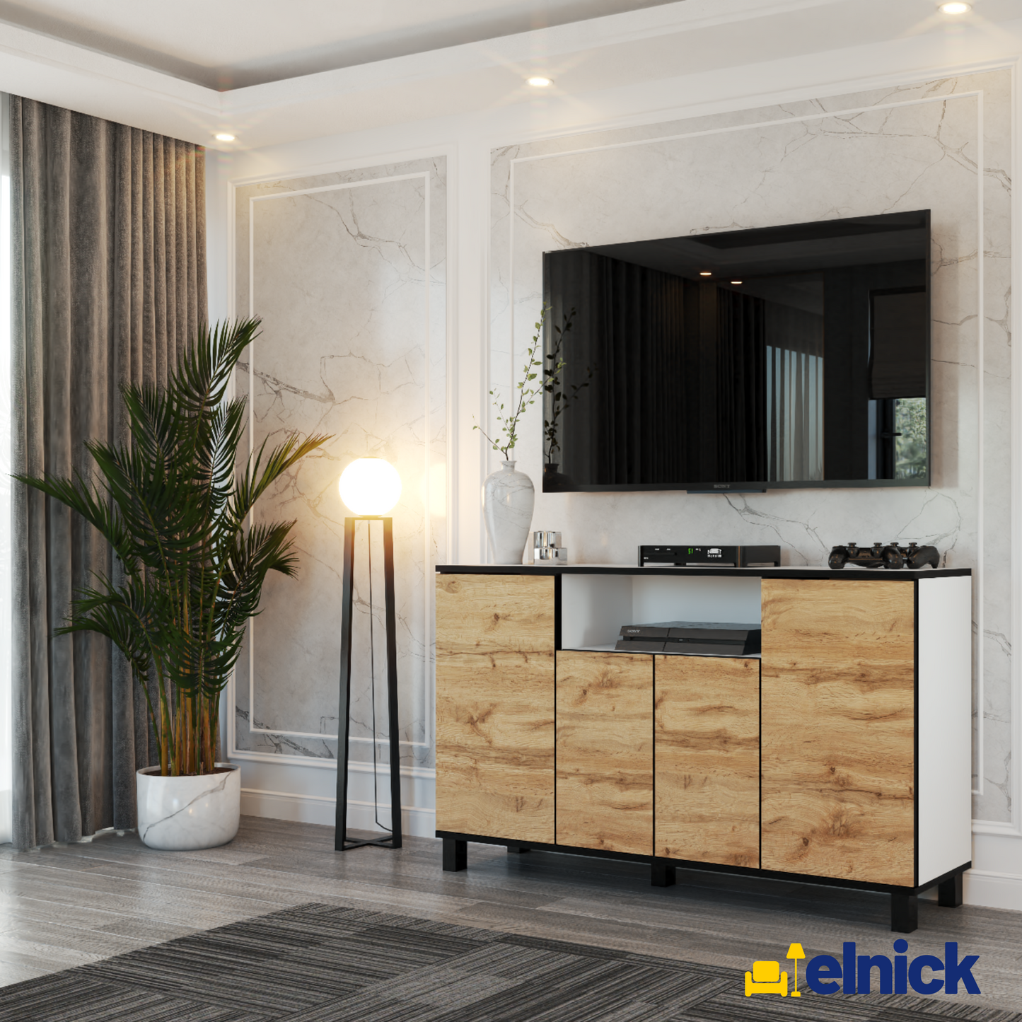 CALVIN – TV-Schrank mit 4 Türen – Wohnzimmer Sideboard - Weiß Matt / Wotan Eiche