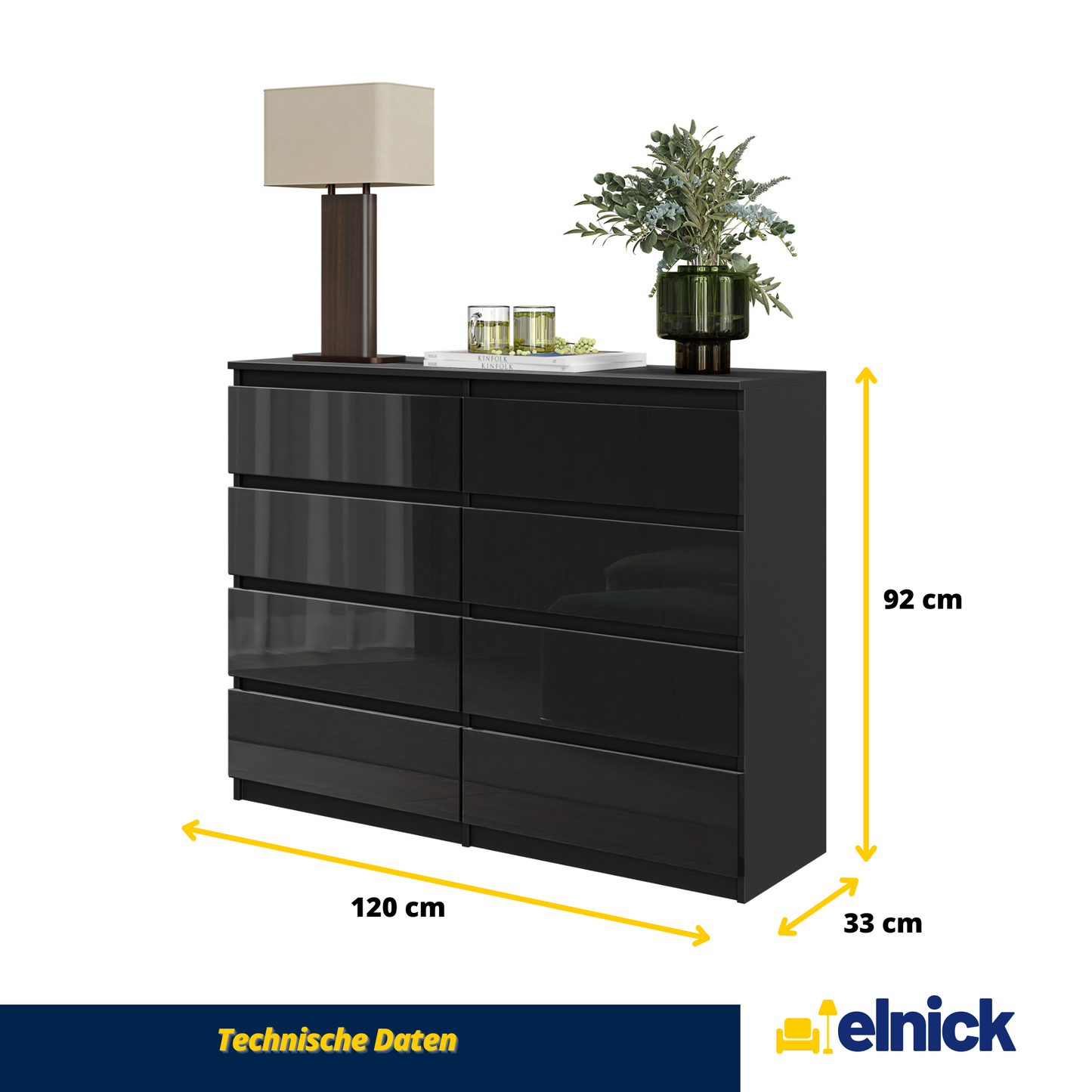 GABRIEL - Kommode / Sideboard mit 8 Schubladen - Schwarz Matt / Schwarz Glanz H92cm B120cm T33cm