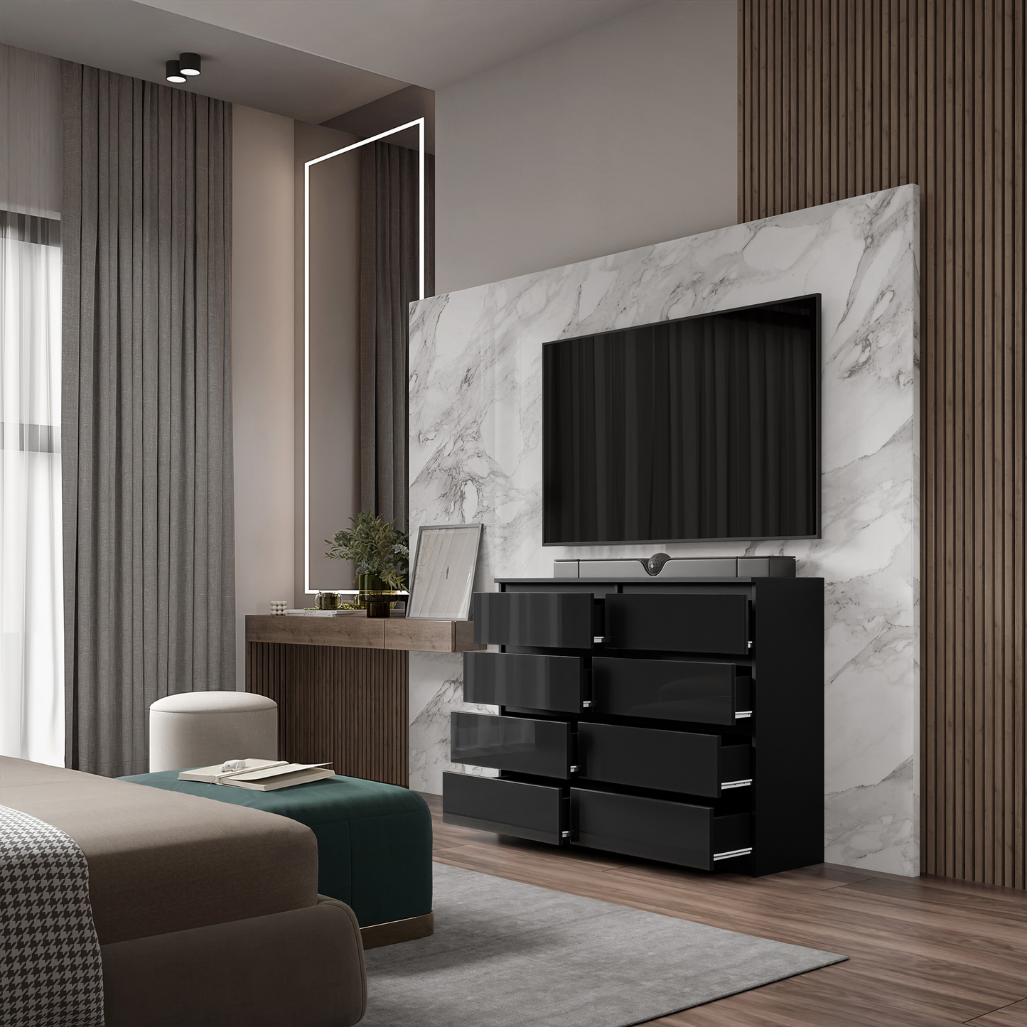 GABRIEL - Kommode / Sideboard mit 8 Schubladen - Schwarz Matt / Schwarz Glanz H92cm B120cm T33cm