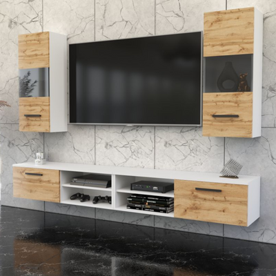 MIRANDA - Wohnwand mit 4 Schränken - Weiß Matt / Wotan Eiche 240cm