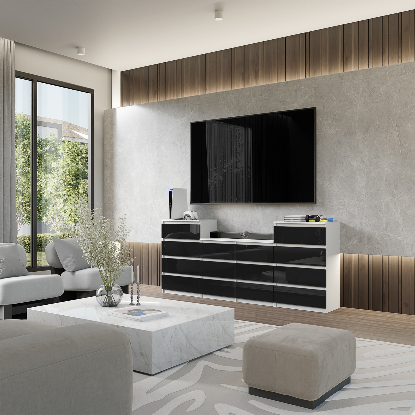 GABRIEL - Kommode / Sideboard mit 14 Schubladen (4+6+4) - Weiß Matt / Schwarz Gloss