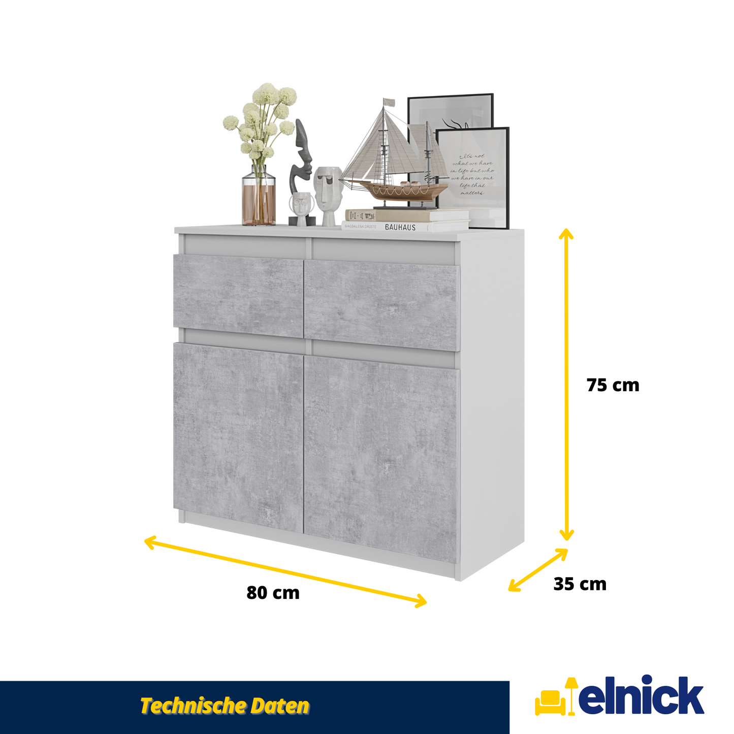 NOAH - Kommode / Sideboard mit 2 Schubladen und 2 Türen - Weiß Matt / Beton-Optik