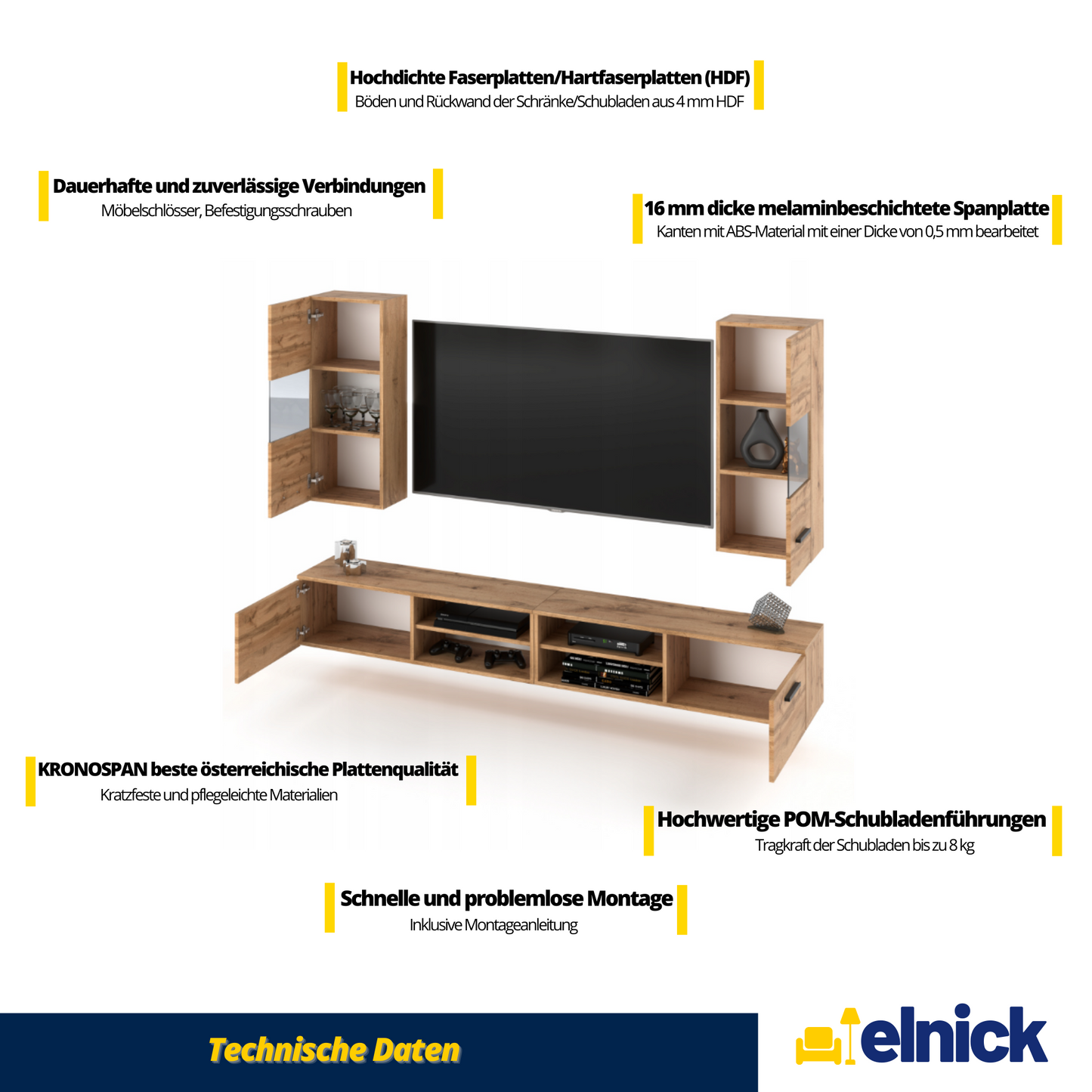 MIRANDA - Wohnwand mit 4 Schränken - Weiß Matt / Wotan Eiche