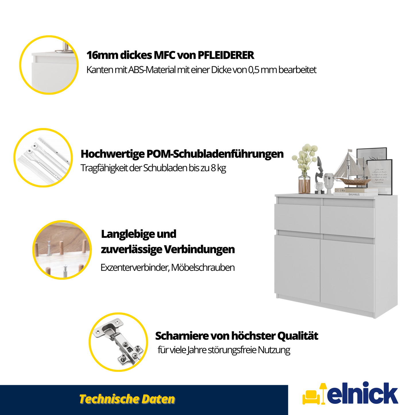 NOAH - Kommode / Sideboard mit 2 Schubladen und 2 Türen - Beton-Optik / Weiß Gloss