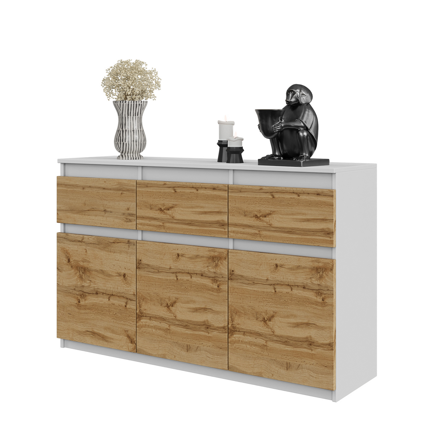 NOAH - Kommode / Sideboard mit 3 Schubladen und 3 Türen - Weiß Matt / Wotan Eiche