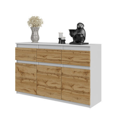NOAH - Kommode / Sideboard mit 3 Schubladen und 3 Türen - Weiß Matt / Wotan Eiche