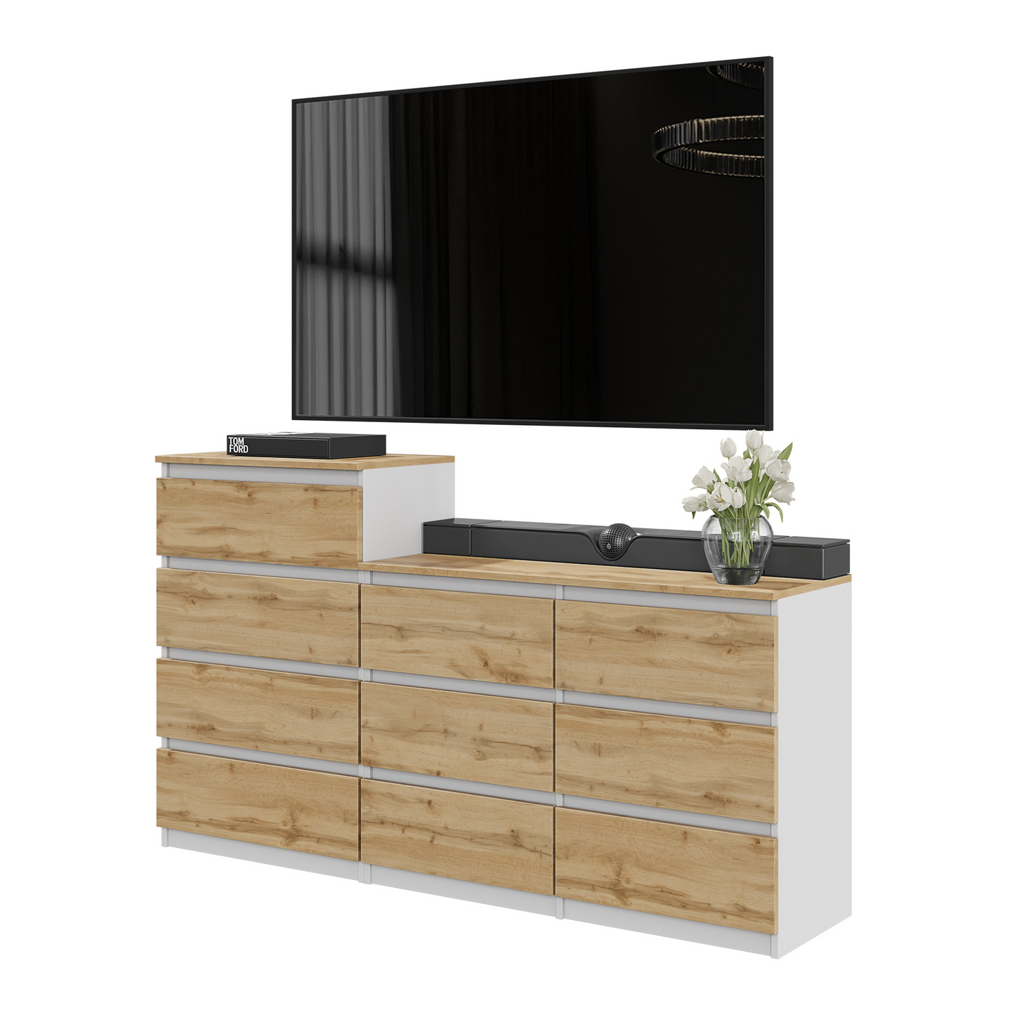 GABRIEL - Kommode / Sideboard mit 10 Schubladen (6+4) - Weiß Matt / Wotan
