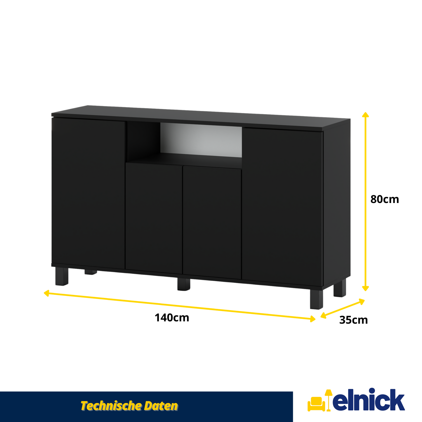CALVIN – TV-Schrank mit 4 Türen – Wohnzimmer Sideboard - Schwarz Matt