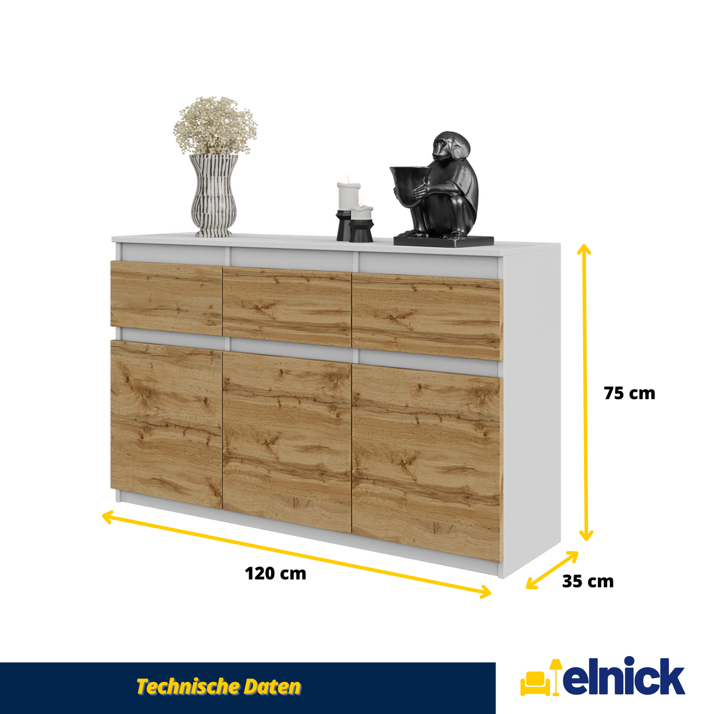NOAH - Kommode / Sideboard mit 3 Schubladen und 3 Türen - Weiß Matt / Wotan Eiche