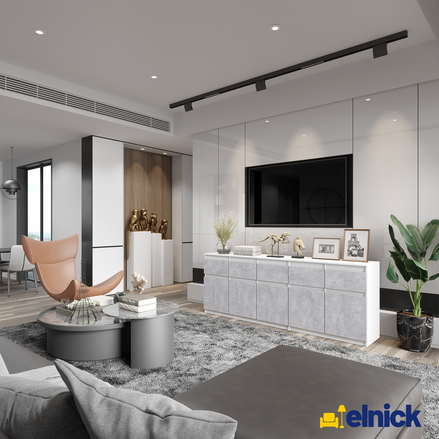 NOAH - Kommode / Sideboard mit 5 Schubladen und 5 Türen - Weiß Matt / Beton-Optik