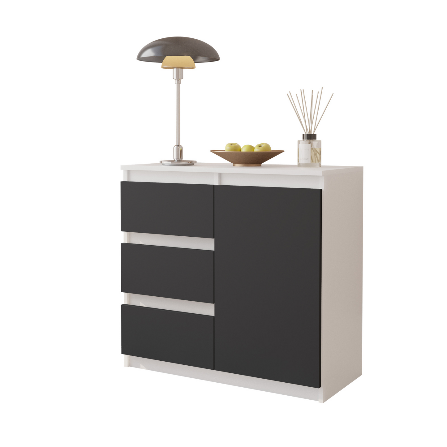 MIKEL - Kommode / Sideboard mit 3 Schubladen und 1 Tür - Weiß Matt / Anthrazit Grau