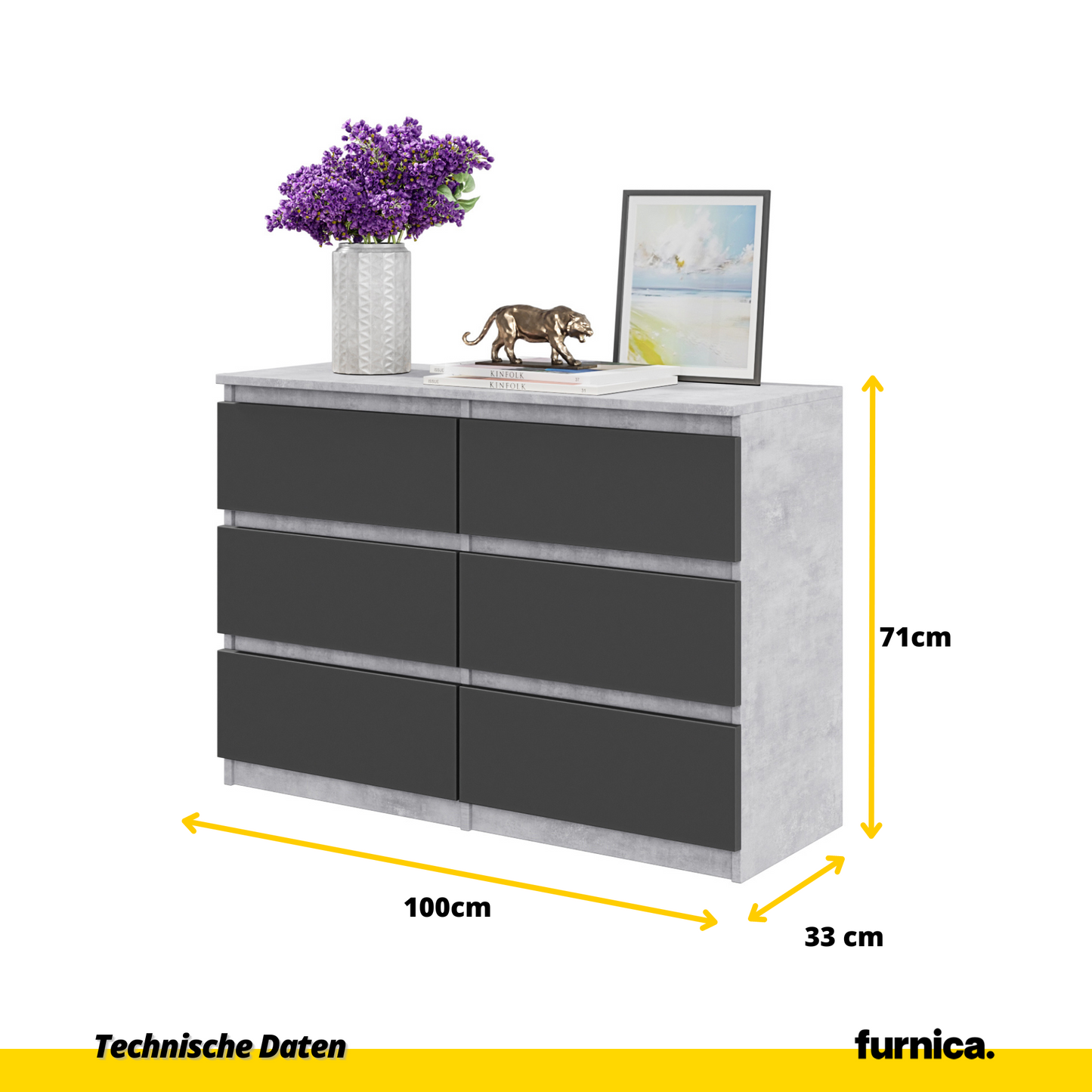 GABRIEL - Kommode / Sideboard mit 6 Schubladen - Beton / Anthrazit H71cm B100cm T33cm