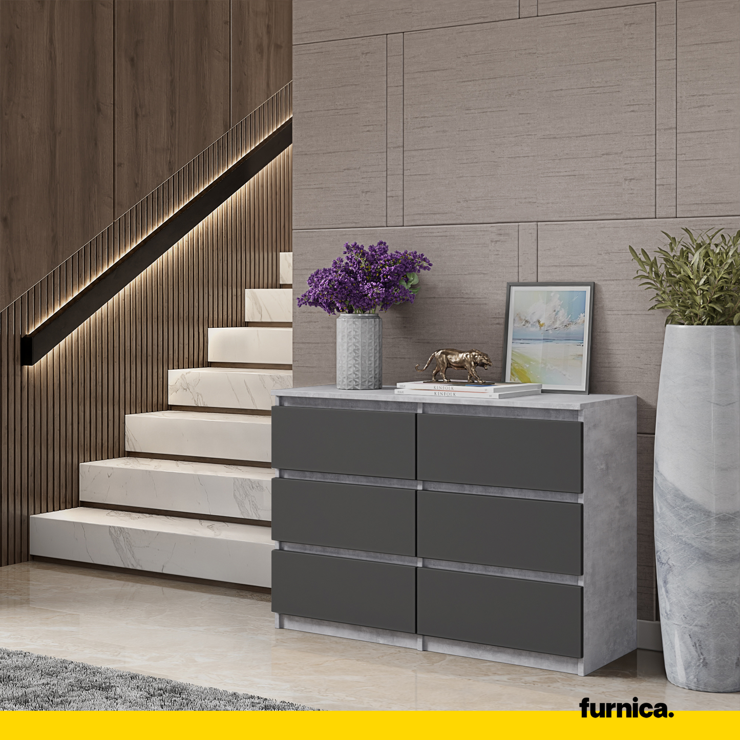 GABRIEL - Kommode / Sideboard mit 6 Schubladen - Beton / Anthrazit H71cm B100cm T33cm