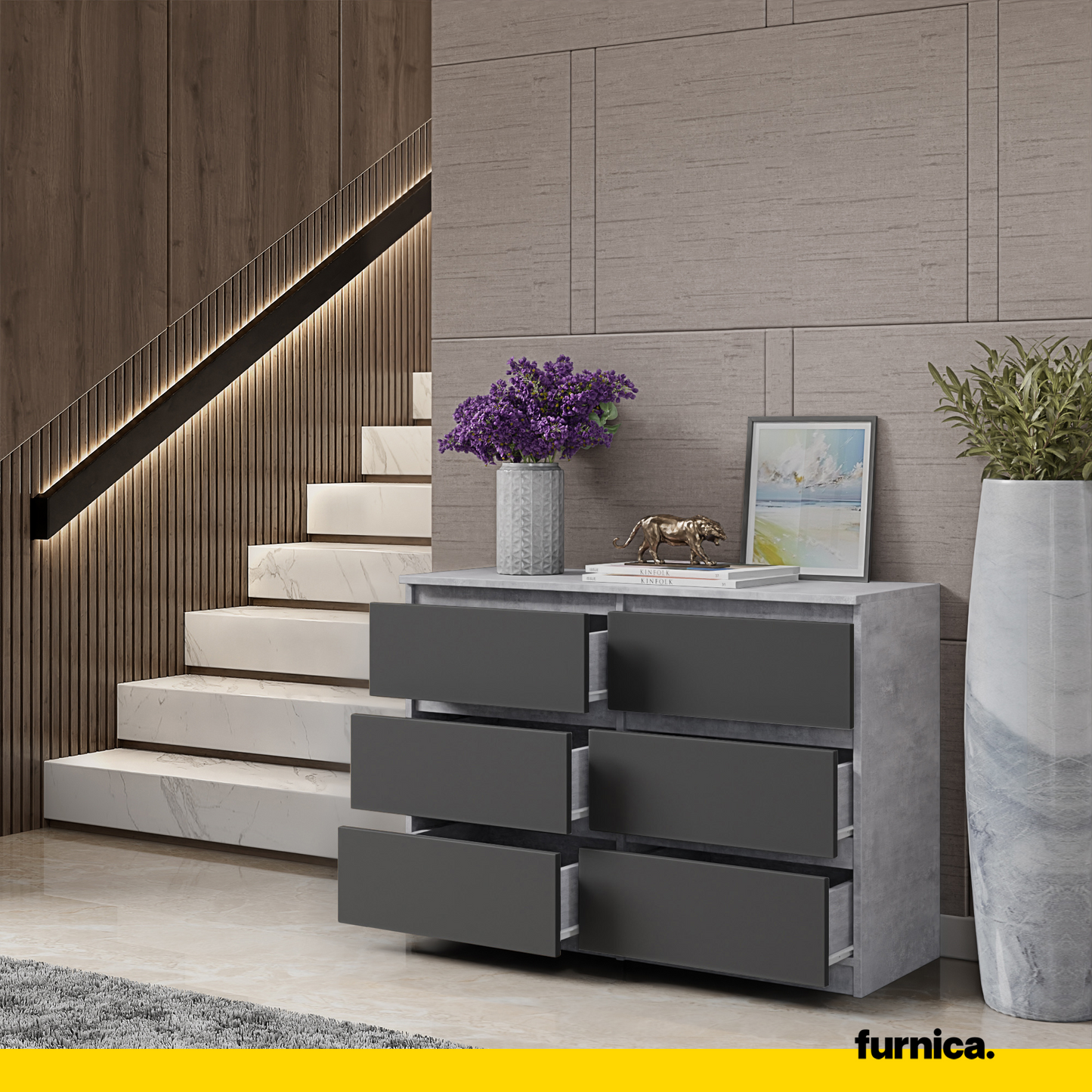 GABRIEL - Kommode / Sideboard mit 6 Schubladen - Beton / Anthrazit H71cm B100cm T33cm
