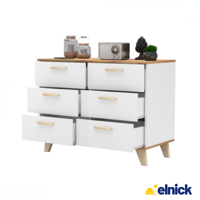 INGRID - Skandinavisch Kommode / Sideboard  mit 6 Schubladen - Weiß Matt / Wotan Eiche