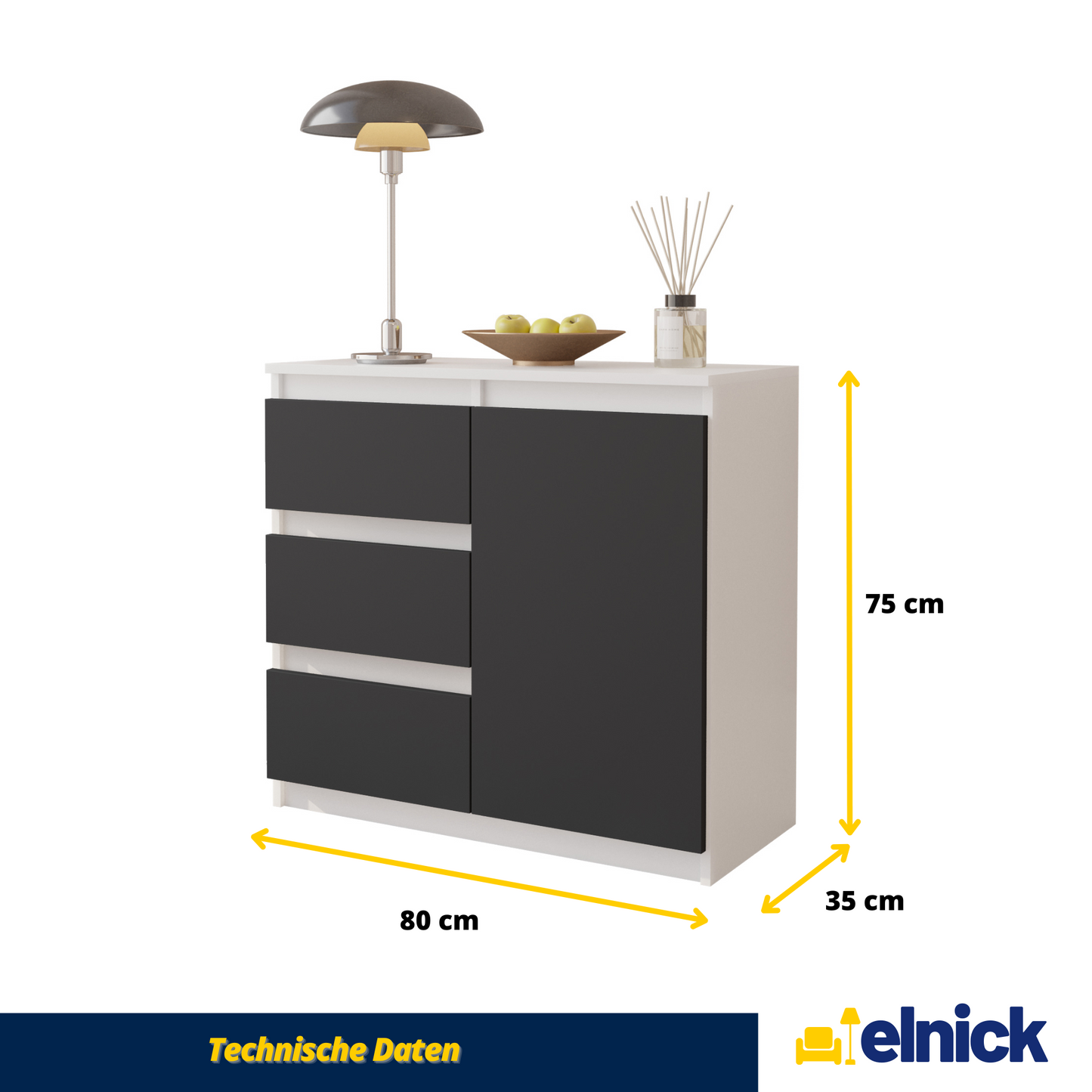 MIKEL - Kommode / Sideboard mit 3 Schubladen und 1 Tür - Weiß Matt / Anthrazit Grau