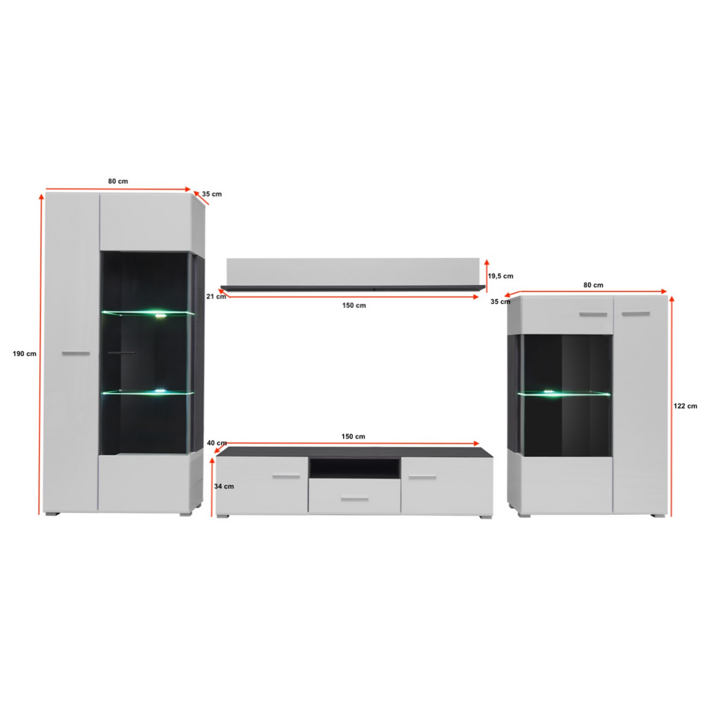 Wohnwand SOLIDO II - Wohnzimmer-Möbel-Set - Norwegische Kiefer / Weiß Gloss
