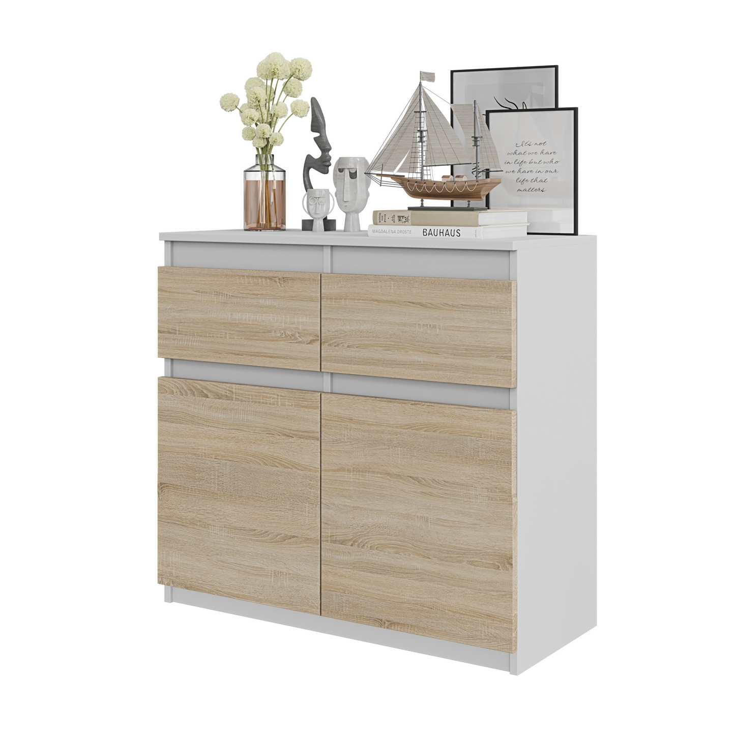 NOAH - Kommode / Sideboard mit 2 Schubladen und 2 Türen - Weiß Matt / Sonoma Eiche