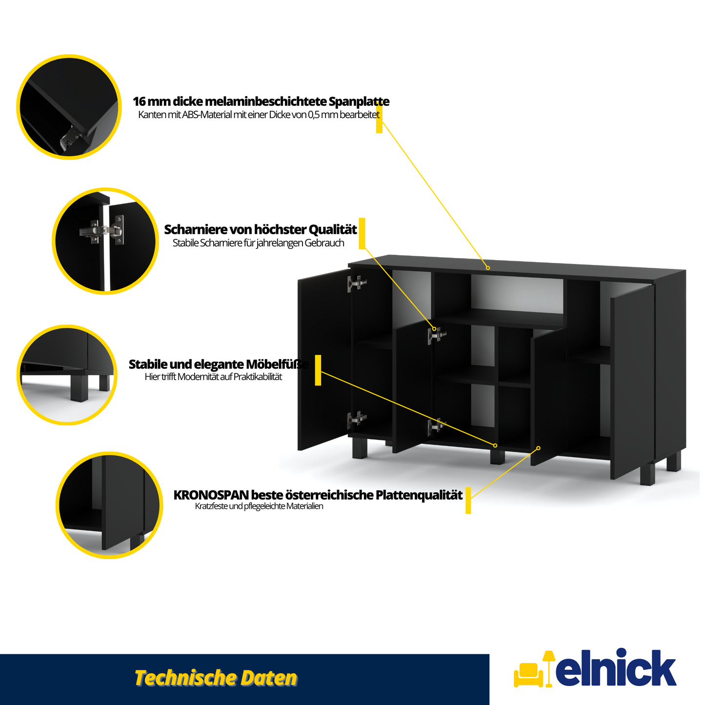 CALVIN – TV-Schrank mit 4 Türen – Wohnzimmer Sideboard - Schwarz Matt
